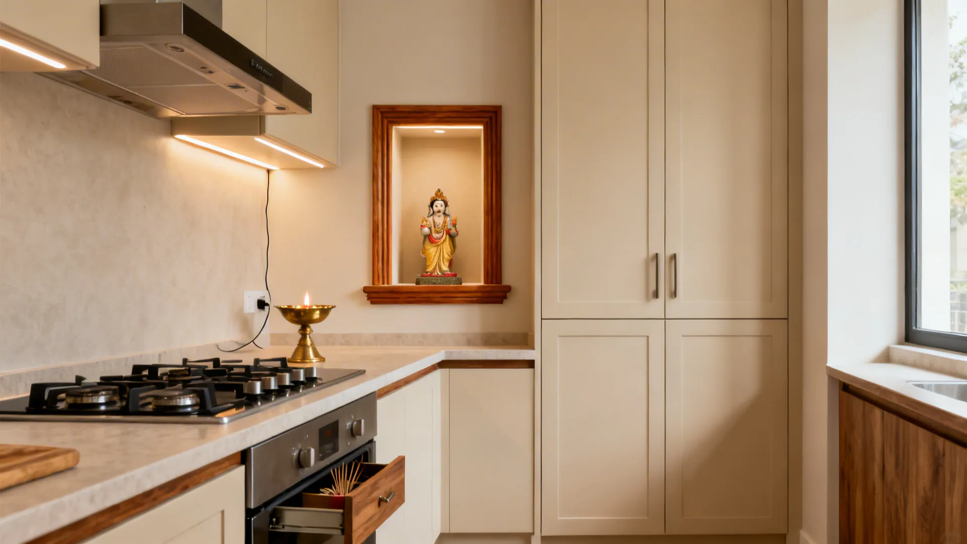 Modern kitchen with white cabinets featuring a small wall niche for a traditional religious statue
