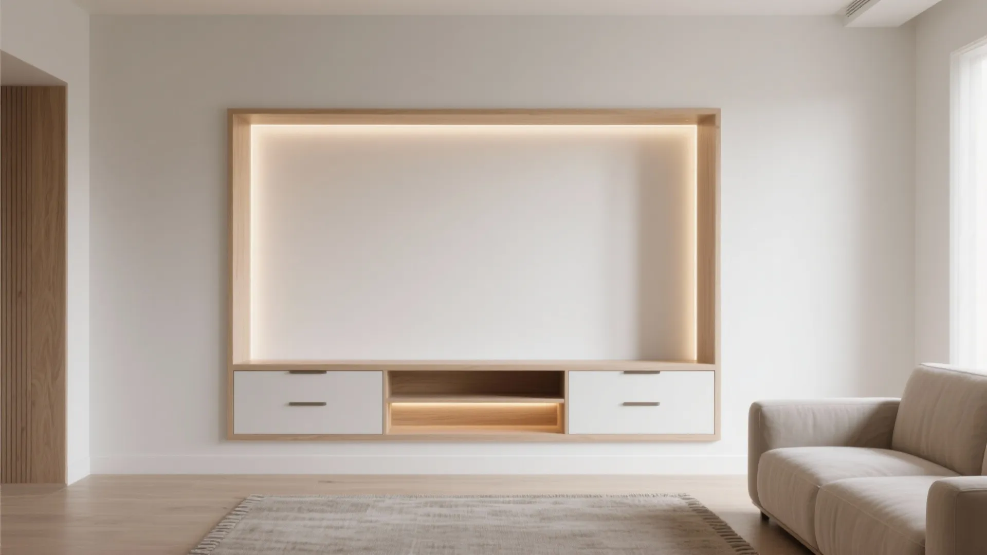 Minimalist living room featuring a wooden wall cabinet with light fixture sofa and clean white walls