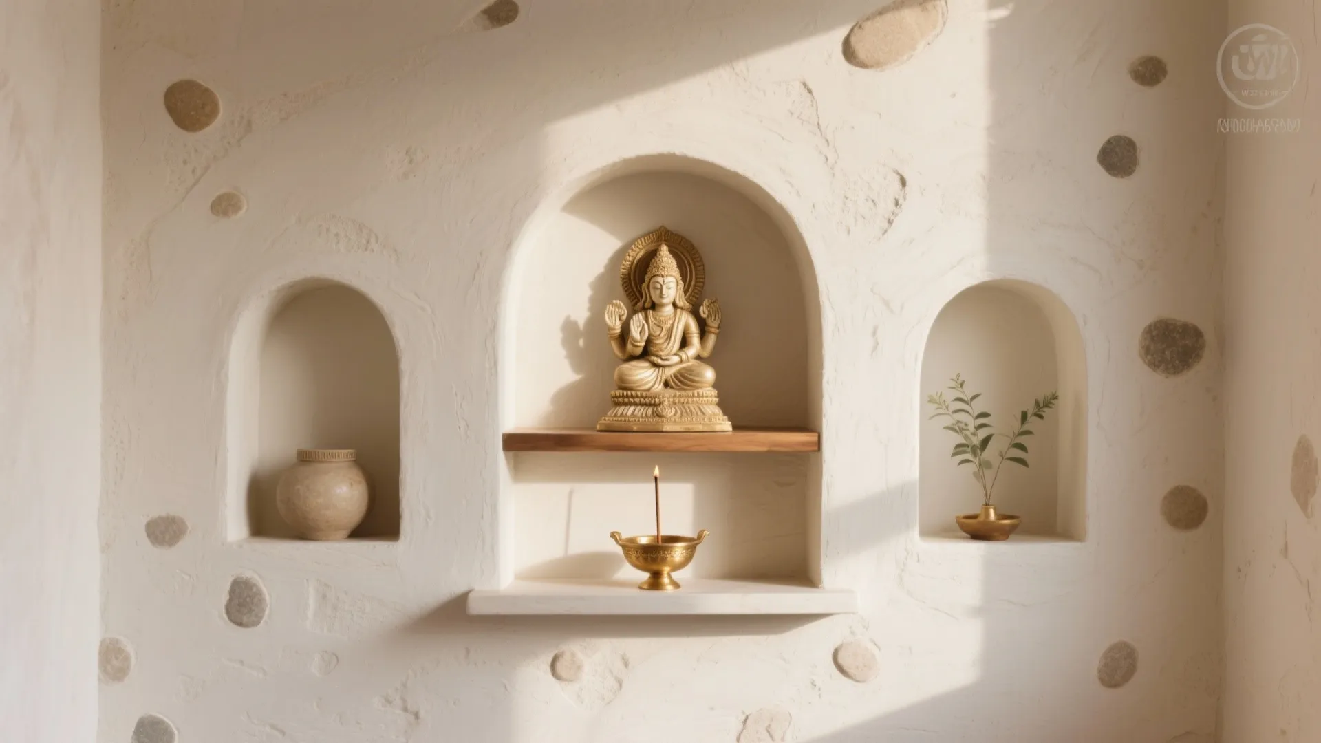 Three arched wall niches holding a gold statue small clay pot and green plant stem