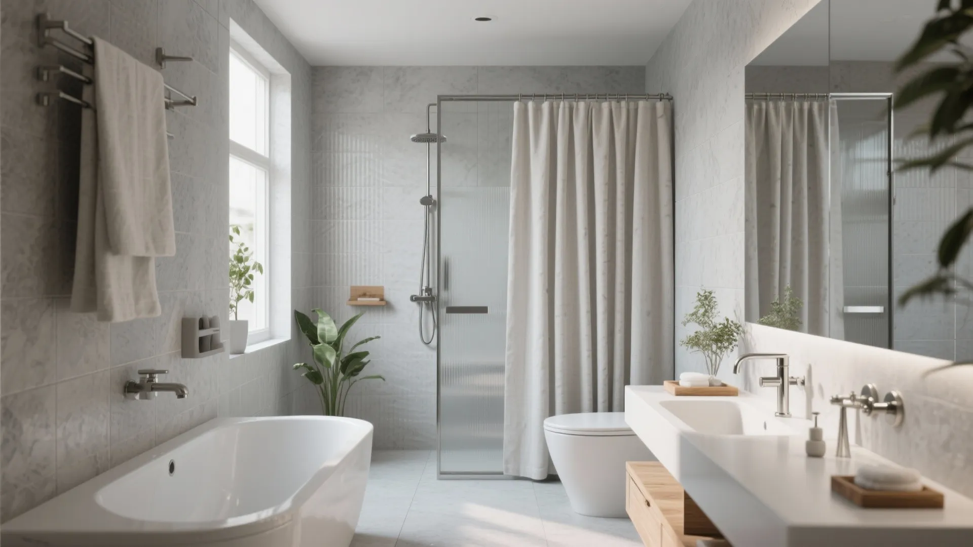 Minimalist bathroom featuring all-brushed-nickel fixtures with layered textured surfaces and subtle wood accent