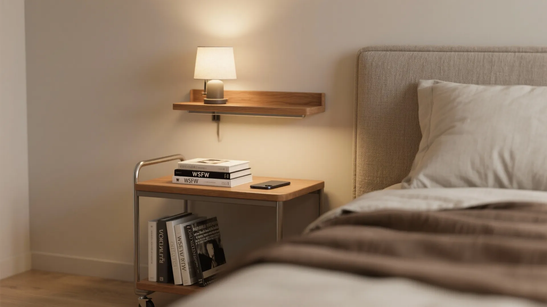 Minimal wall-mounted shelf and slim rolling cart used as a space-saving nightstand in a studio bedroom.