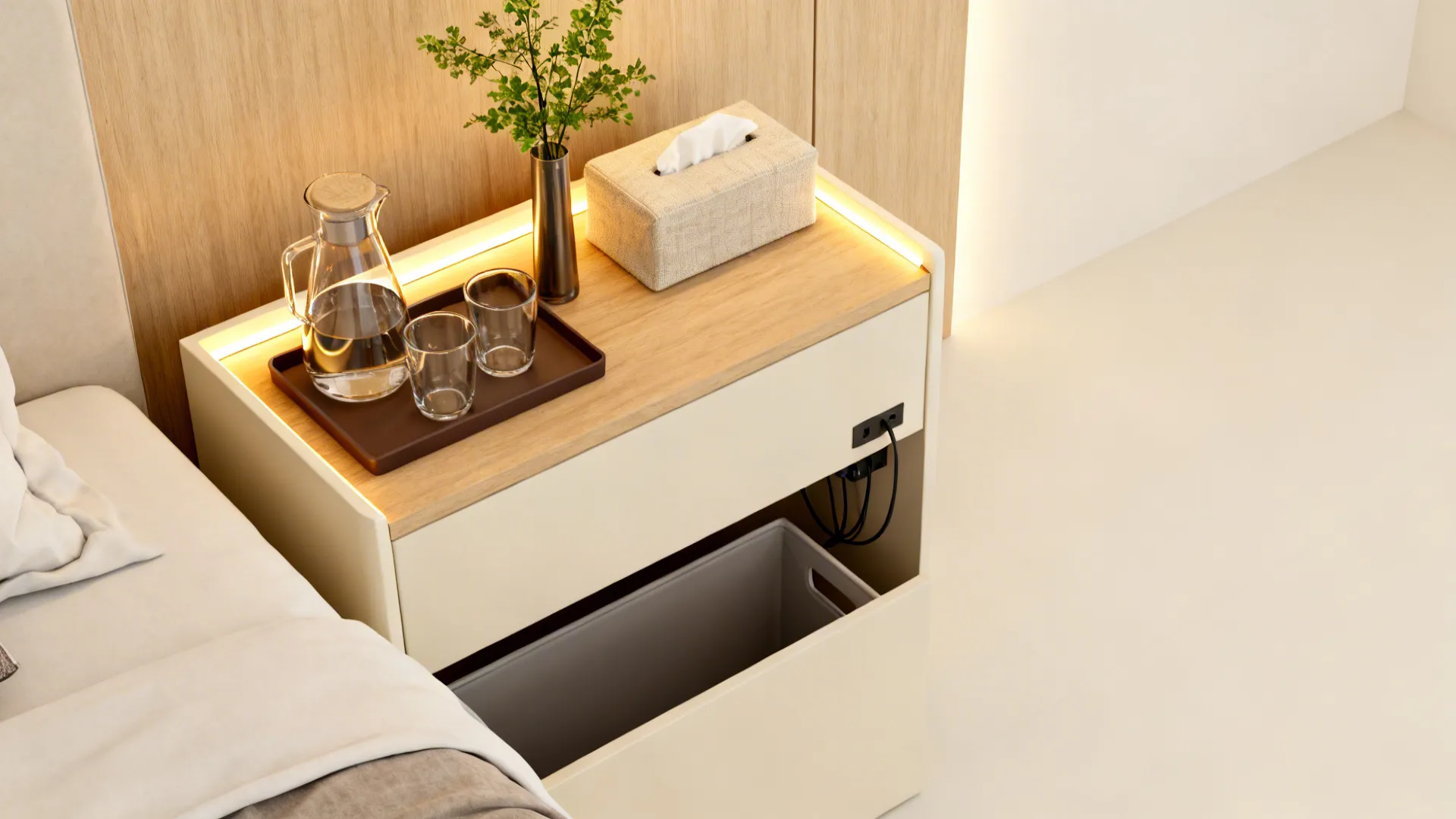 Minimalist bedside table with water glasses tissue box plant built in light and open drawer