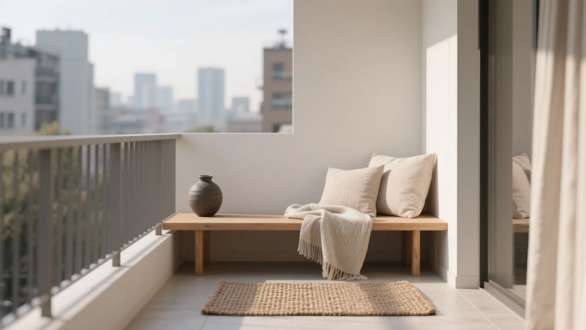 Minimalist balcony reading nook with slim bench, neutral cushions, and a textured throw.
