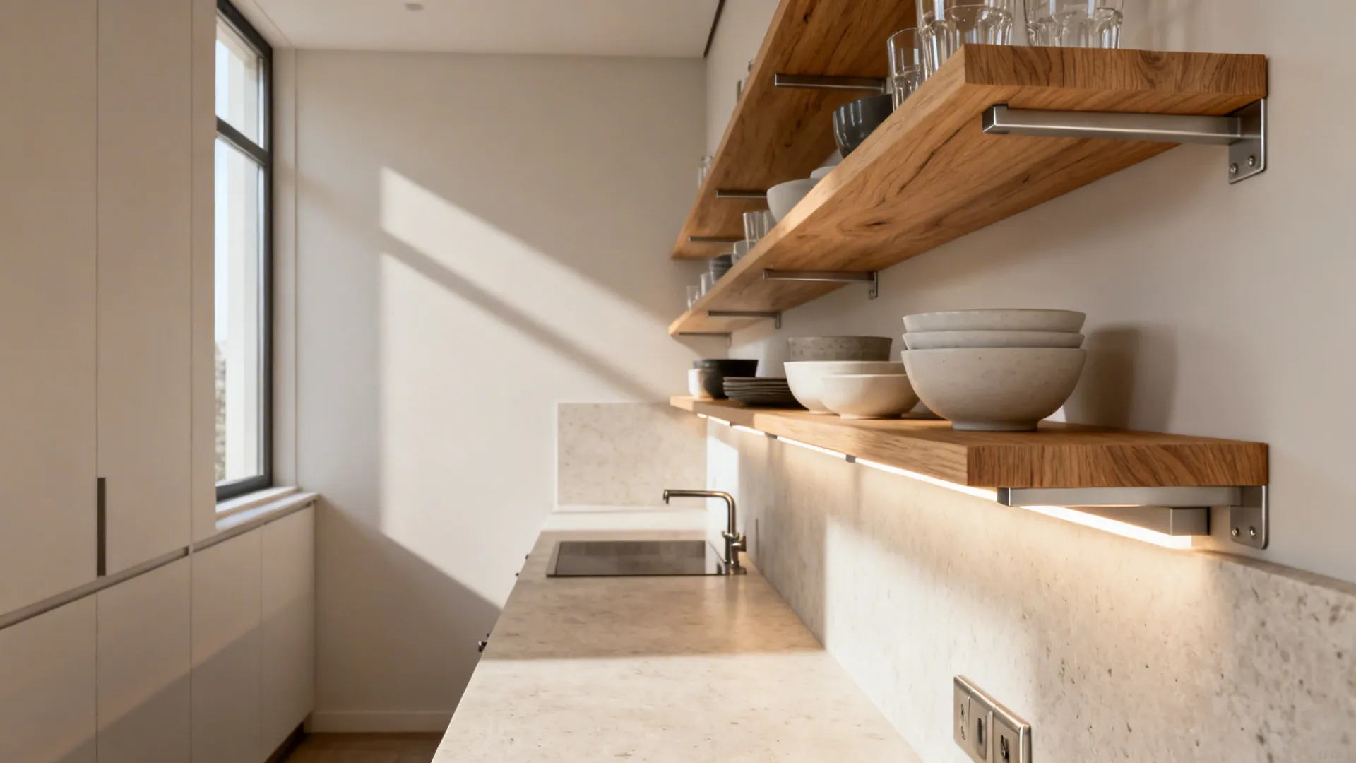 Slim white-oiled oak shelves on hidden rails lighten a compact galley kitchen.