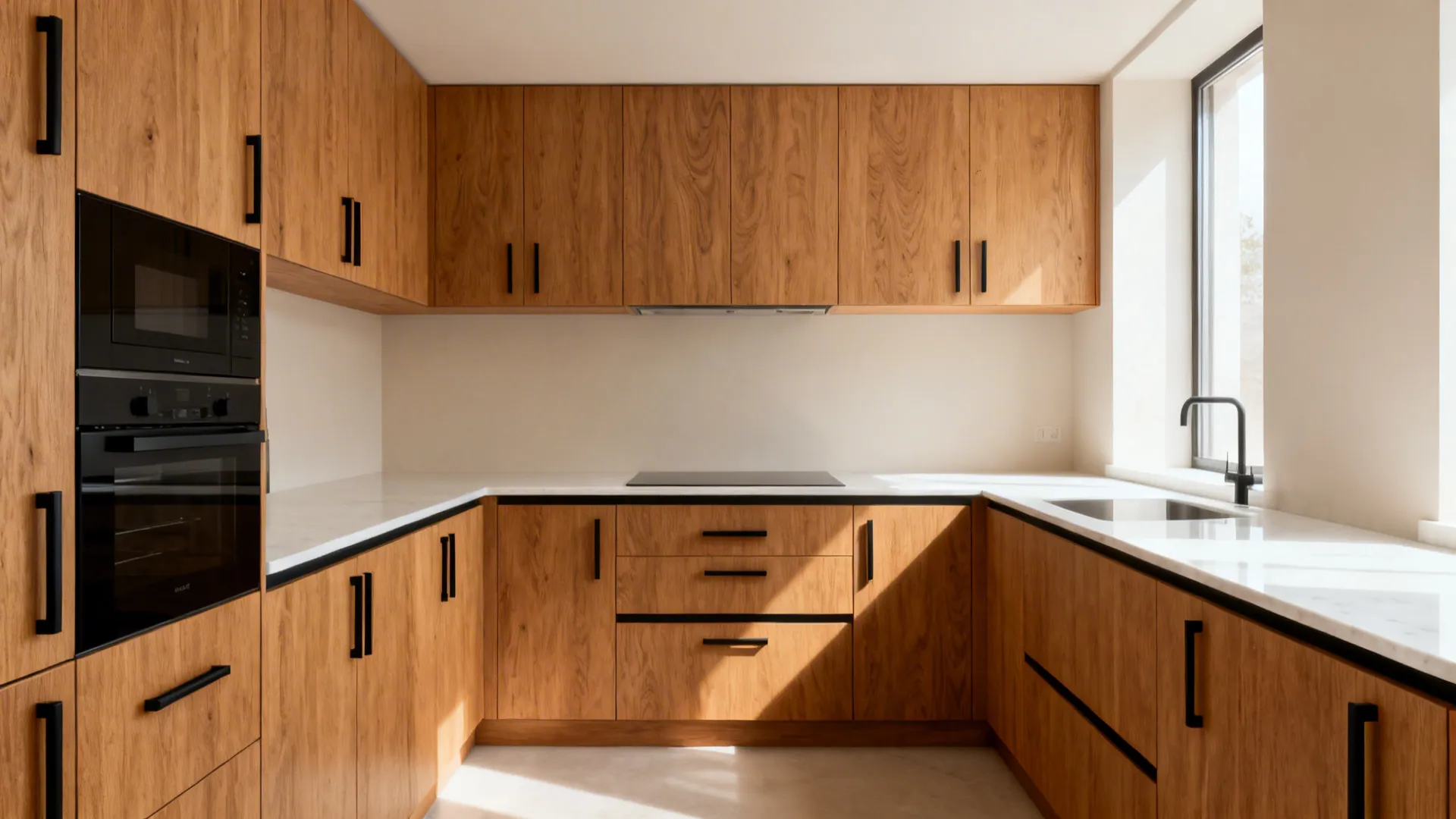Minimalist small kitchen with honey oak cabinets and slim black hardware