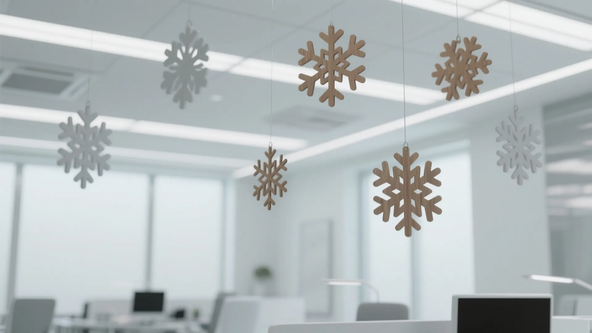 Modern office interior with wooden snowflake decorations hanging from the ceiling near bright white windows