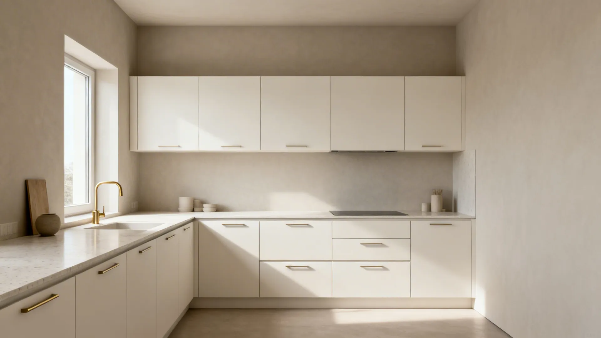 Minimalist cream kitchen with white cabinets gold handles marble countertop sink stove and natural sunlight