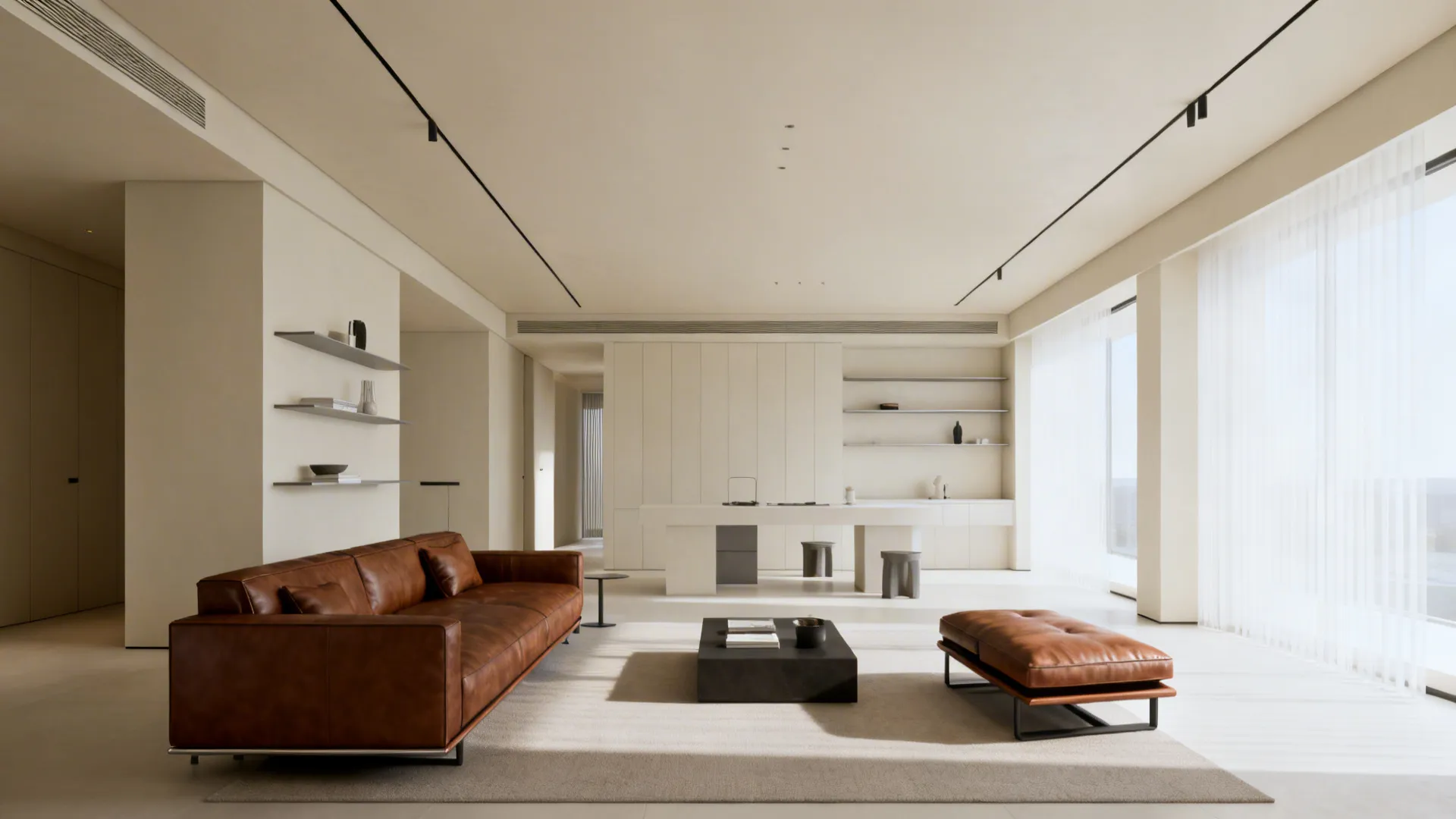 Minimal open-plan living room with slim brown leather sofa and multifunction ottoman.