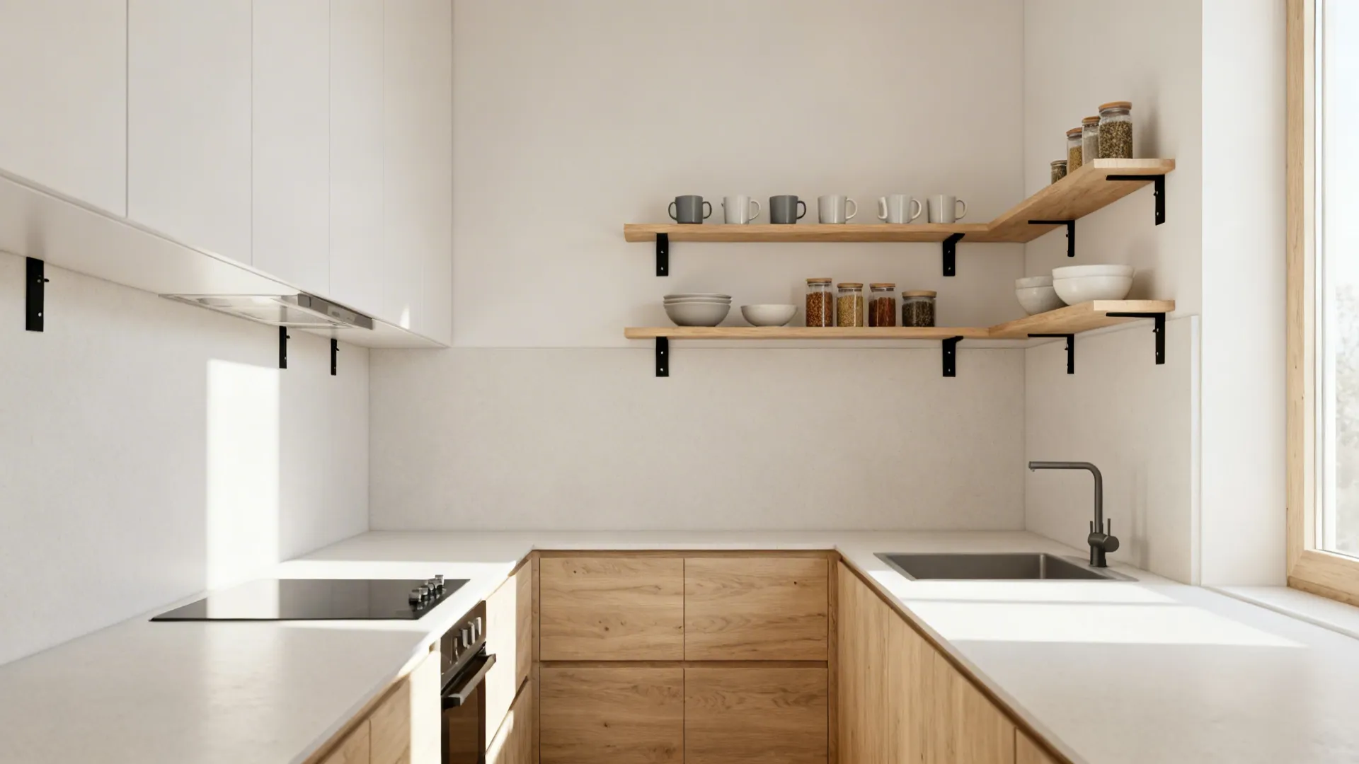 Minimalist galley kitchen with light oak open shelves holding daily dishes and spices.