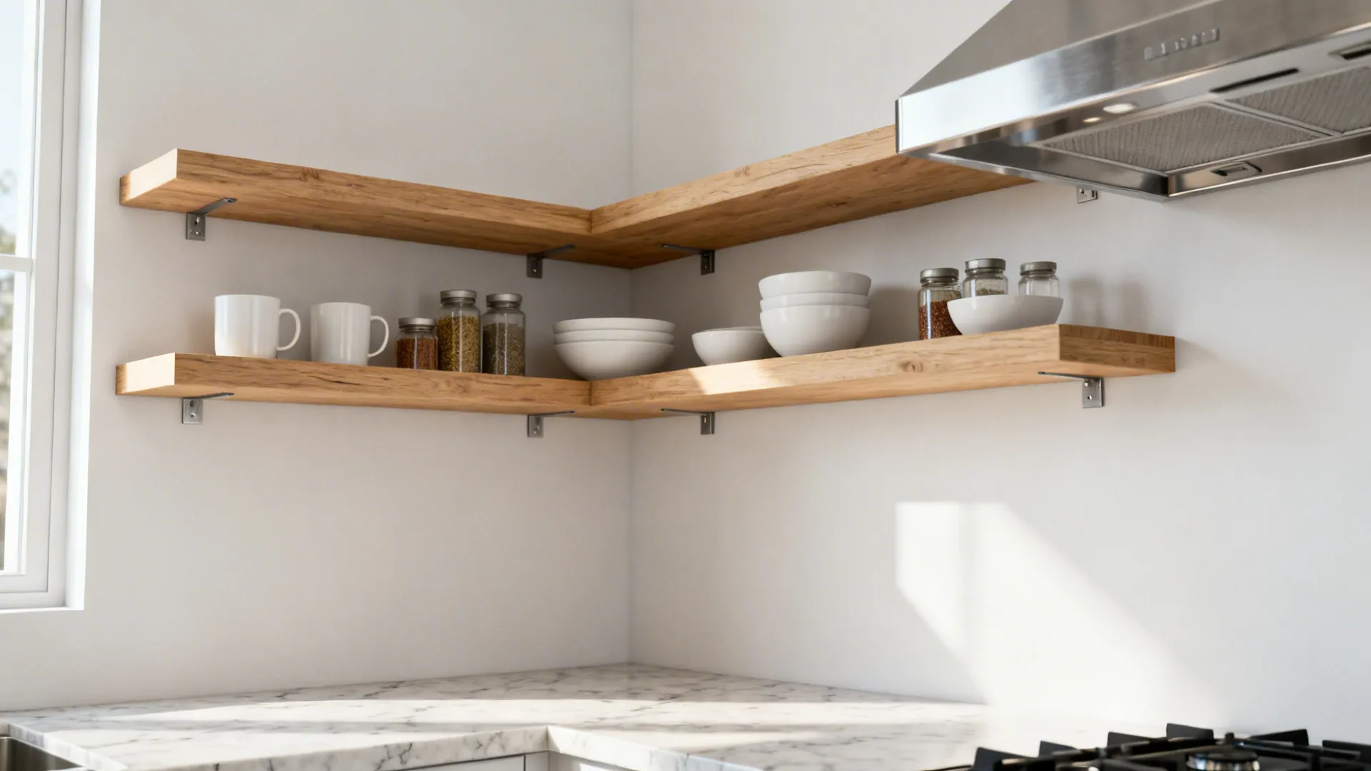 Floating oak corner shelves with neutral ceramics in a minimalist studio kitchen.