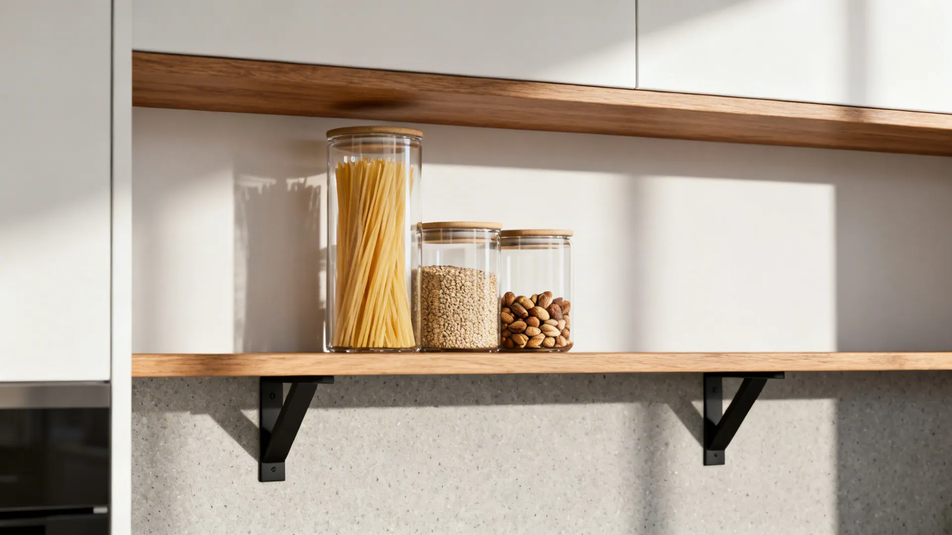 Glass jars with wooden lids on open wood shelf holding pasta grains and nuts kitchen