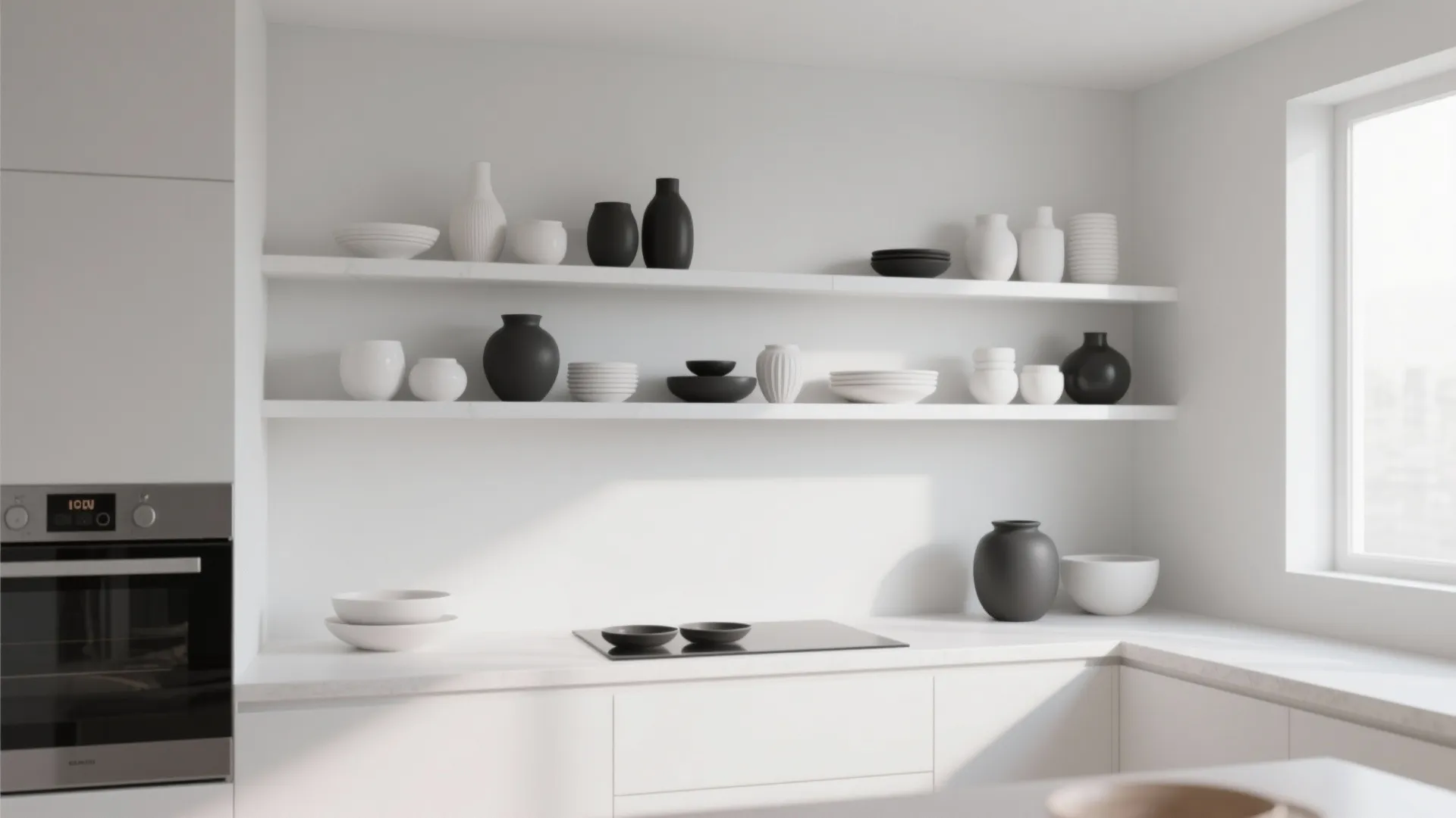Modern white kitchen with black and white ceramic pots on open shelves near a window