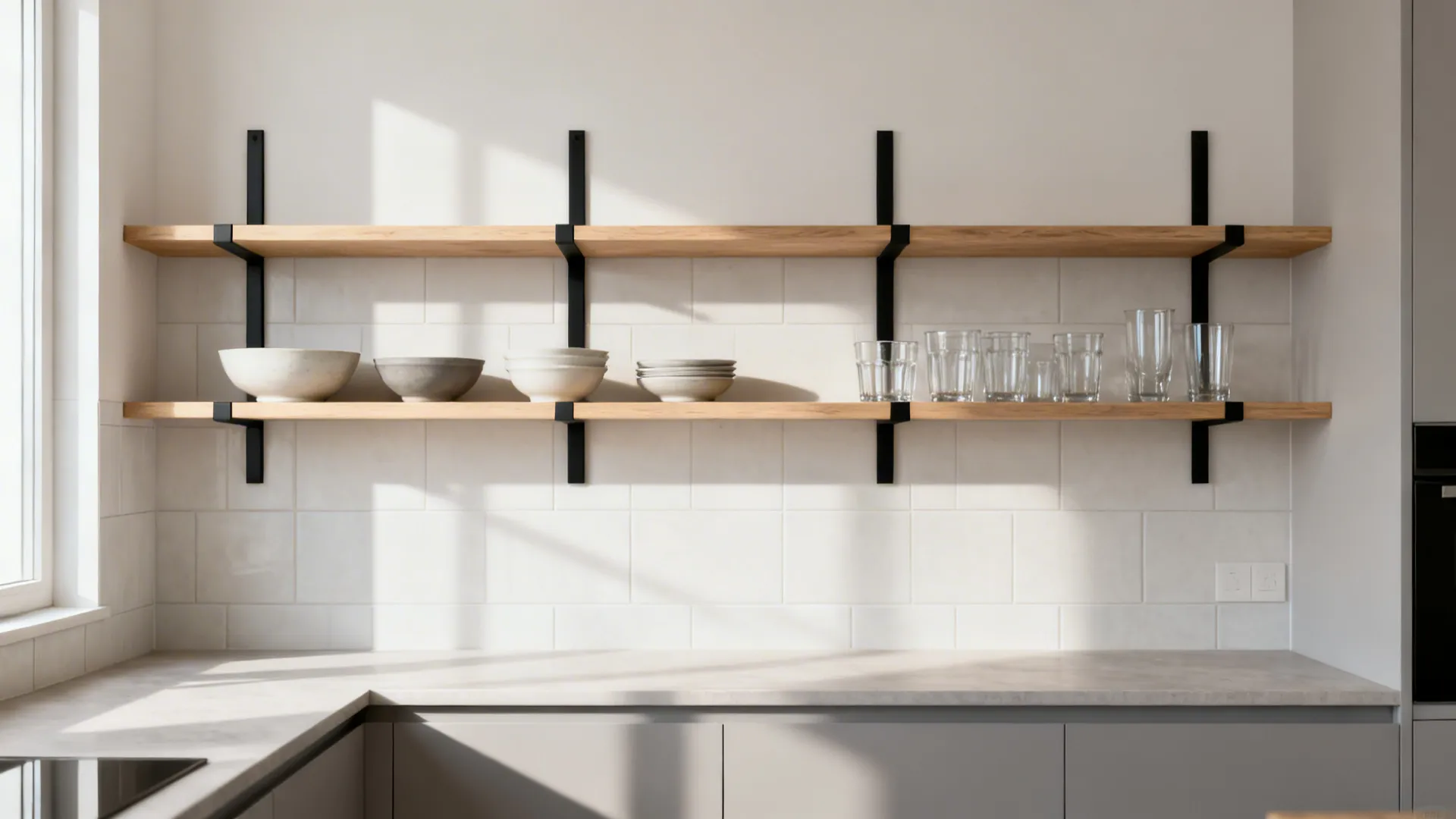 Minimalist open shelves above a backsplash holding bowls and glasses in a small kitchen.