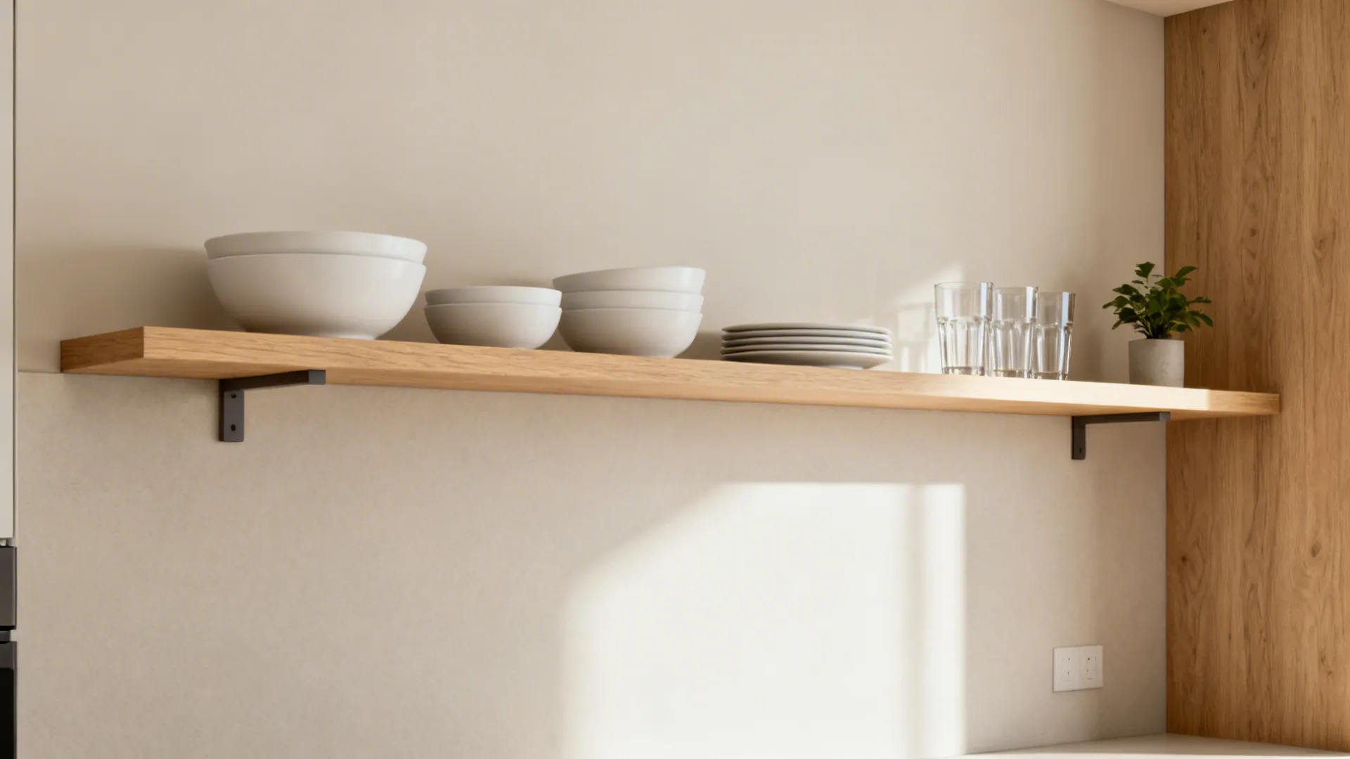 Minimalist open wood shelves with white dishes over a pale backsplash in a small kitchen.