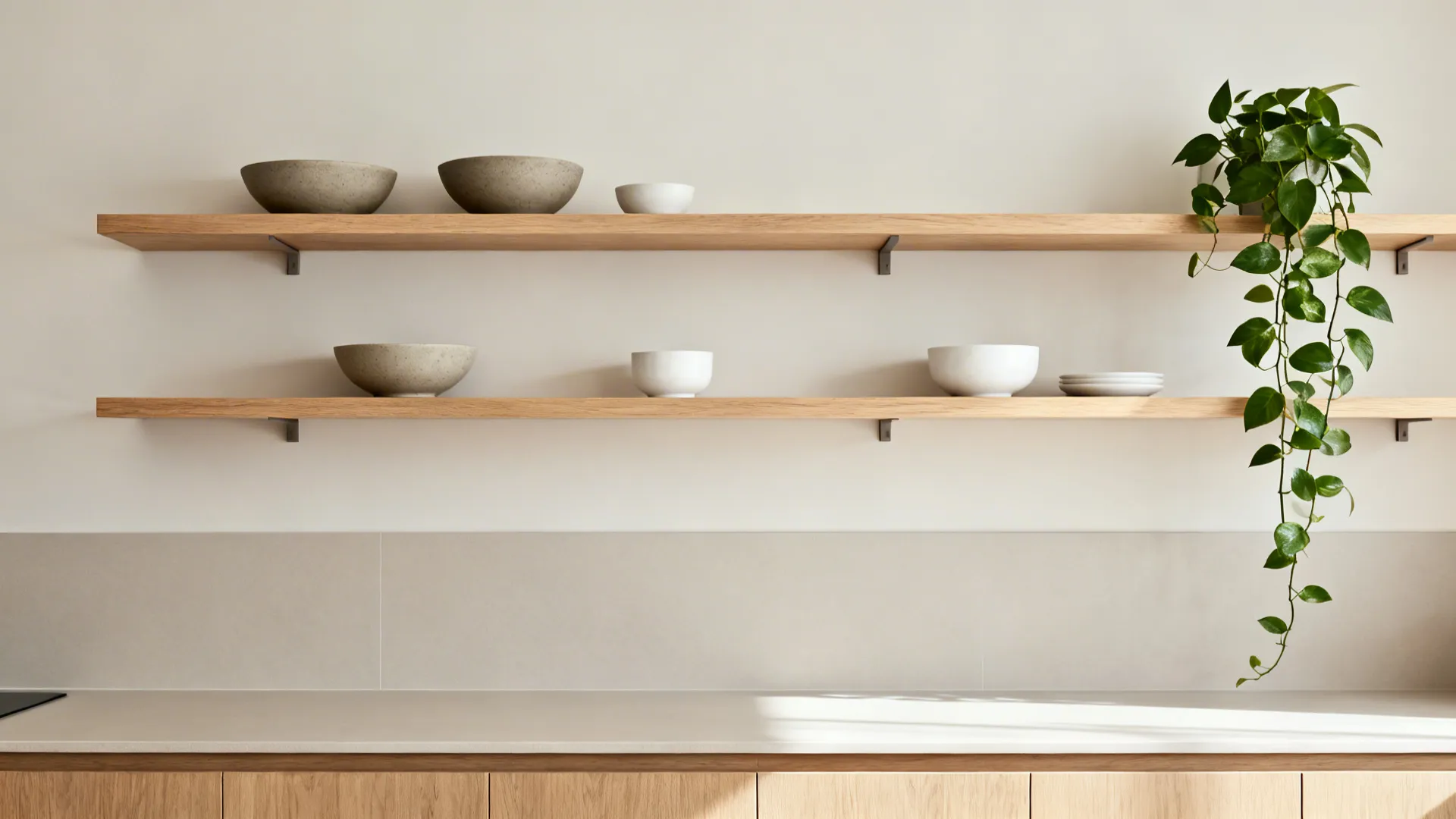 Light-oak minimalist open shelves with matte ceramics and a trailing plant on a modern kitchen wall.