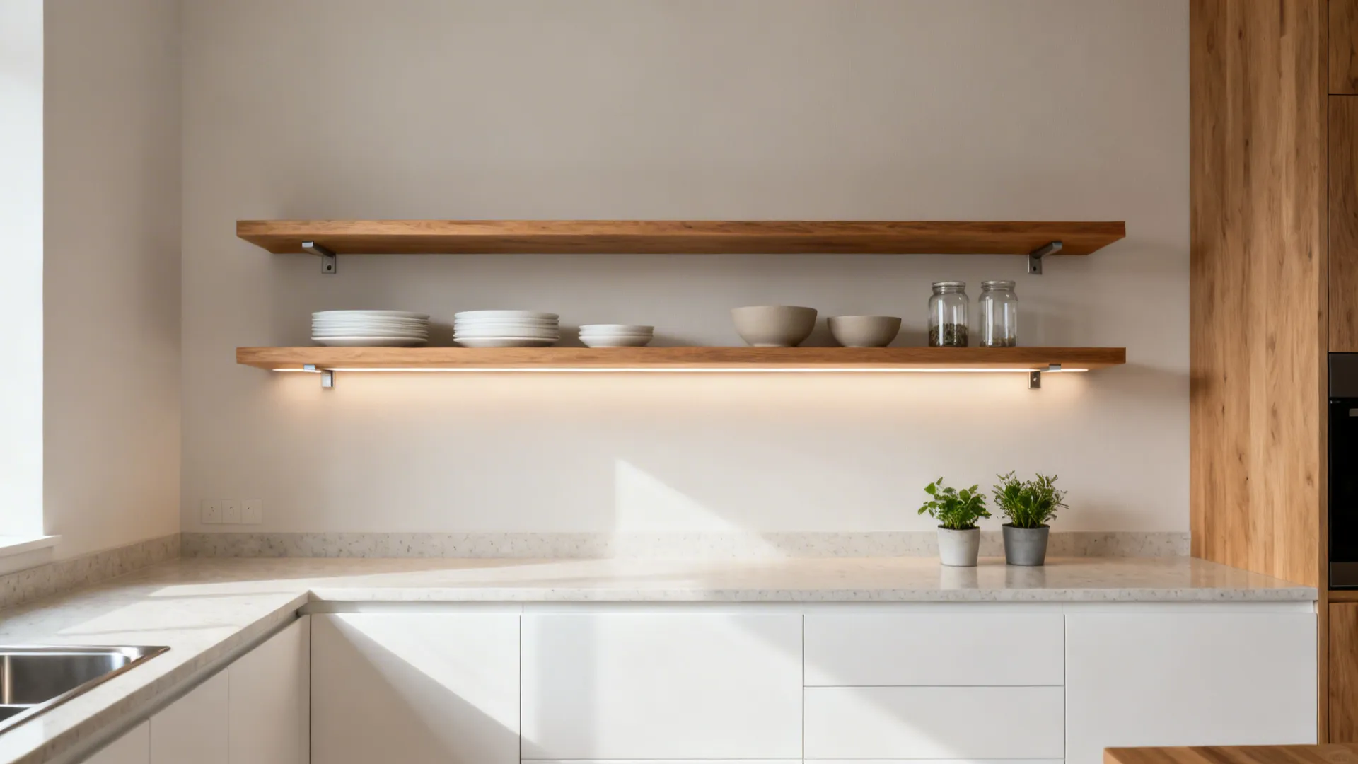 Minimal open shelves with concealed brackets