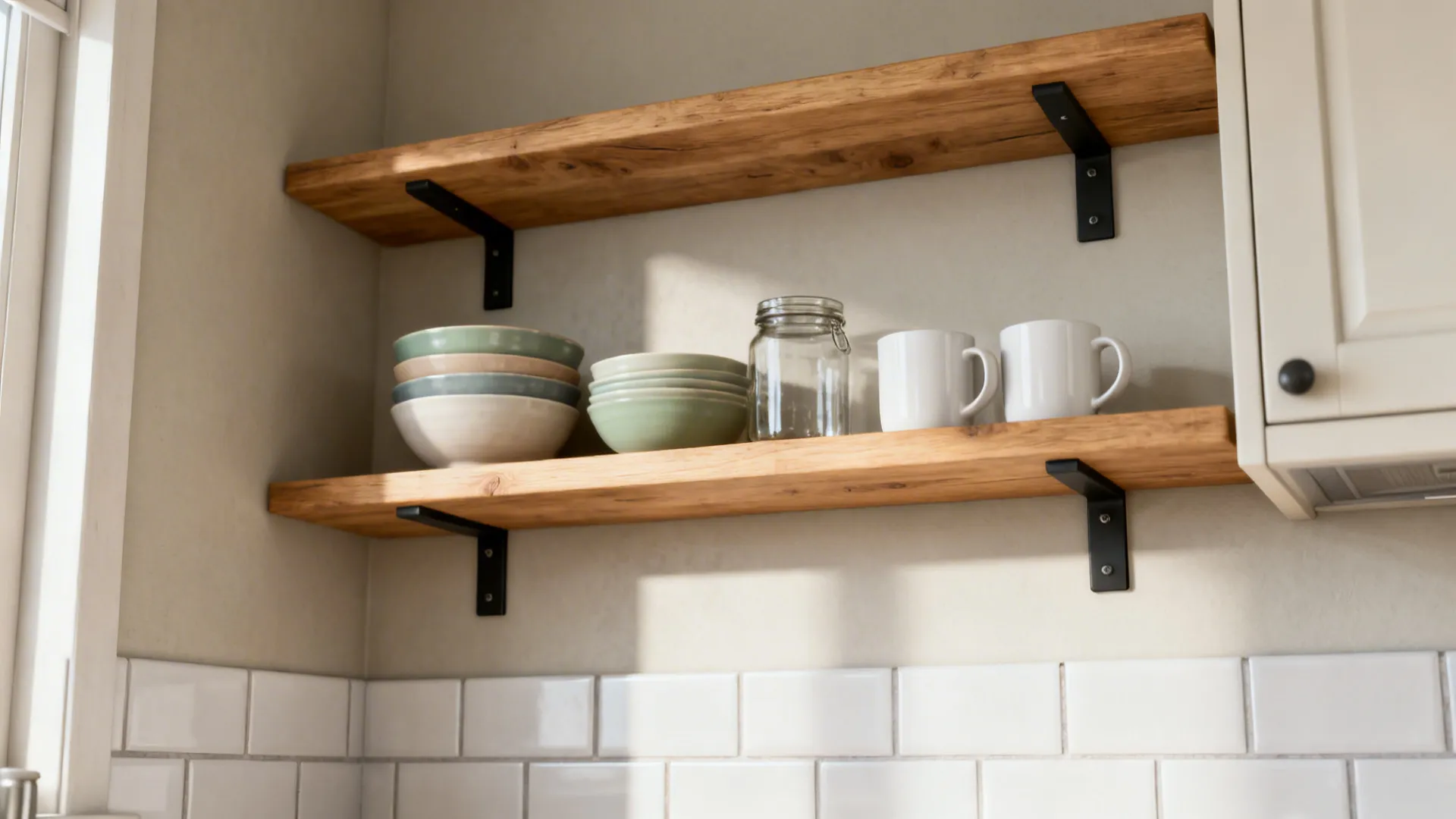 Minimal pine open shelves with neatly styled glass jars and white ceramics in a bright small kitchen.