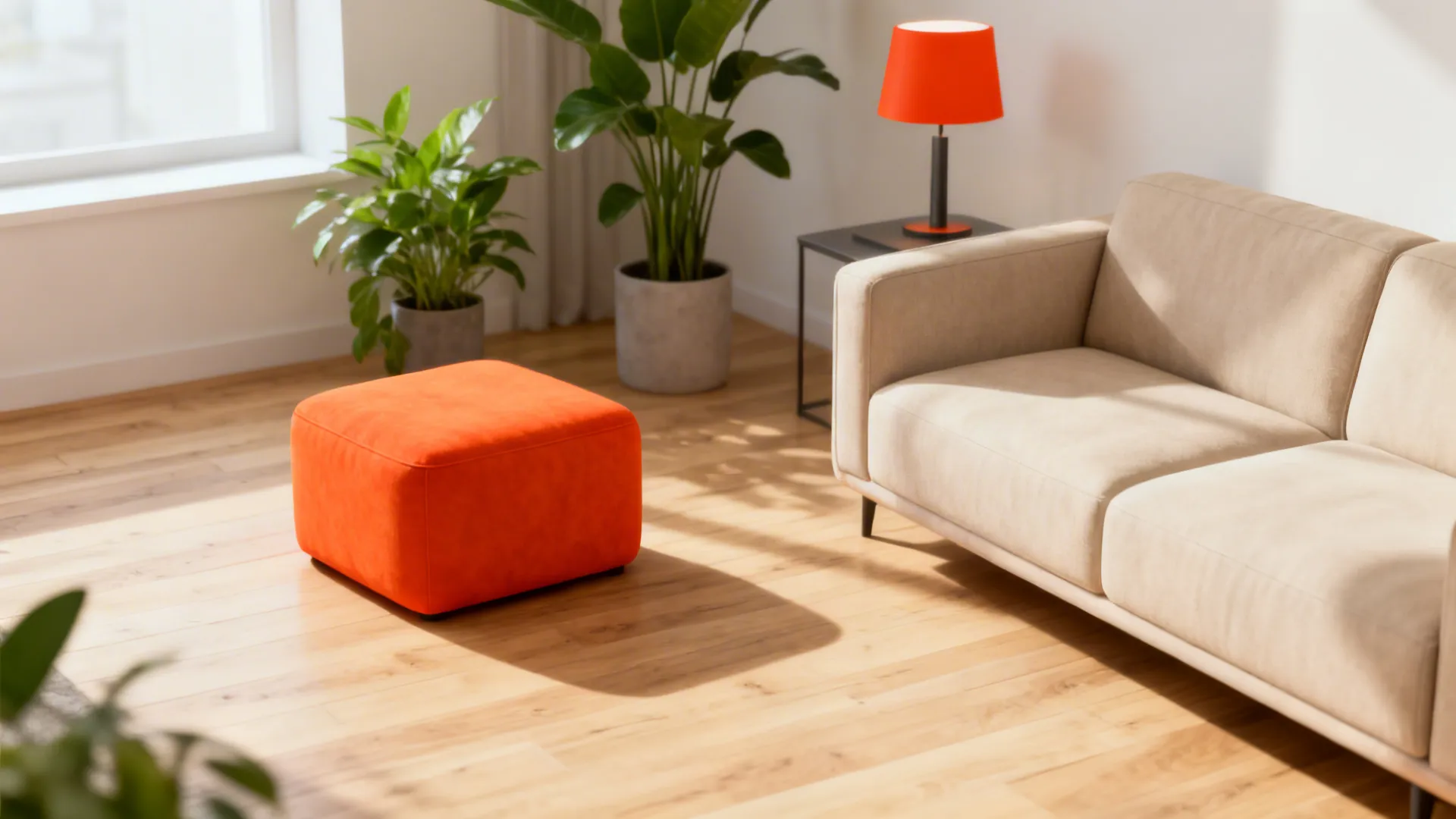 Living room interior with beige sofa bright orange footrest orange lamp green plants and wooden floor
