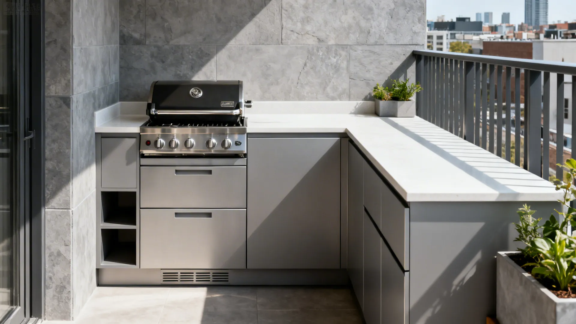 Minimal outdoor cabinetry with concealed storage