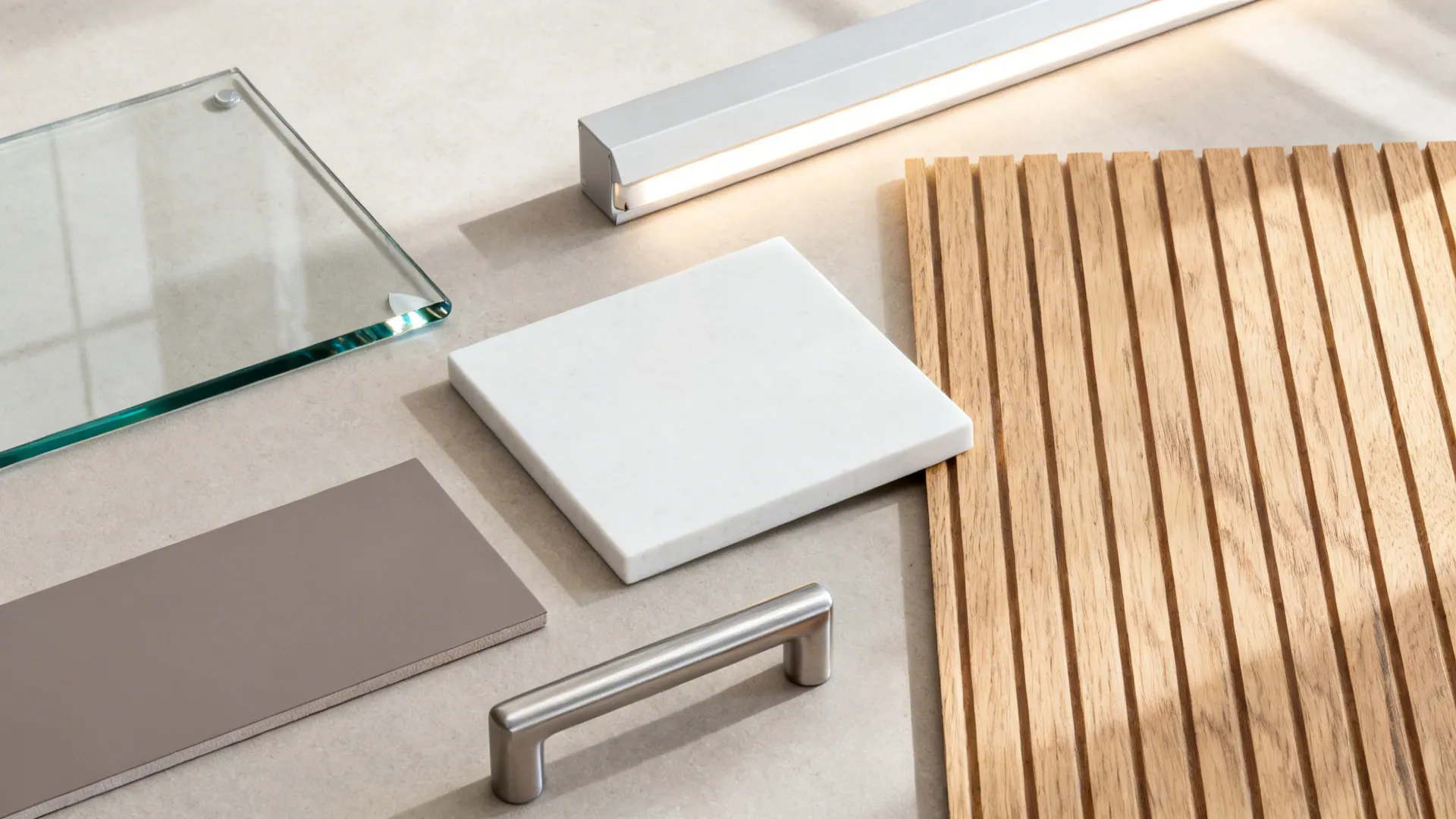 Flatlay of matte lacquer, low-iron glass, white quartz, oak veneer, and stainless handle.
