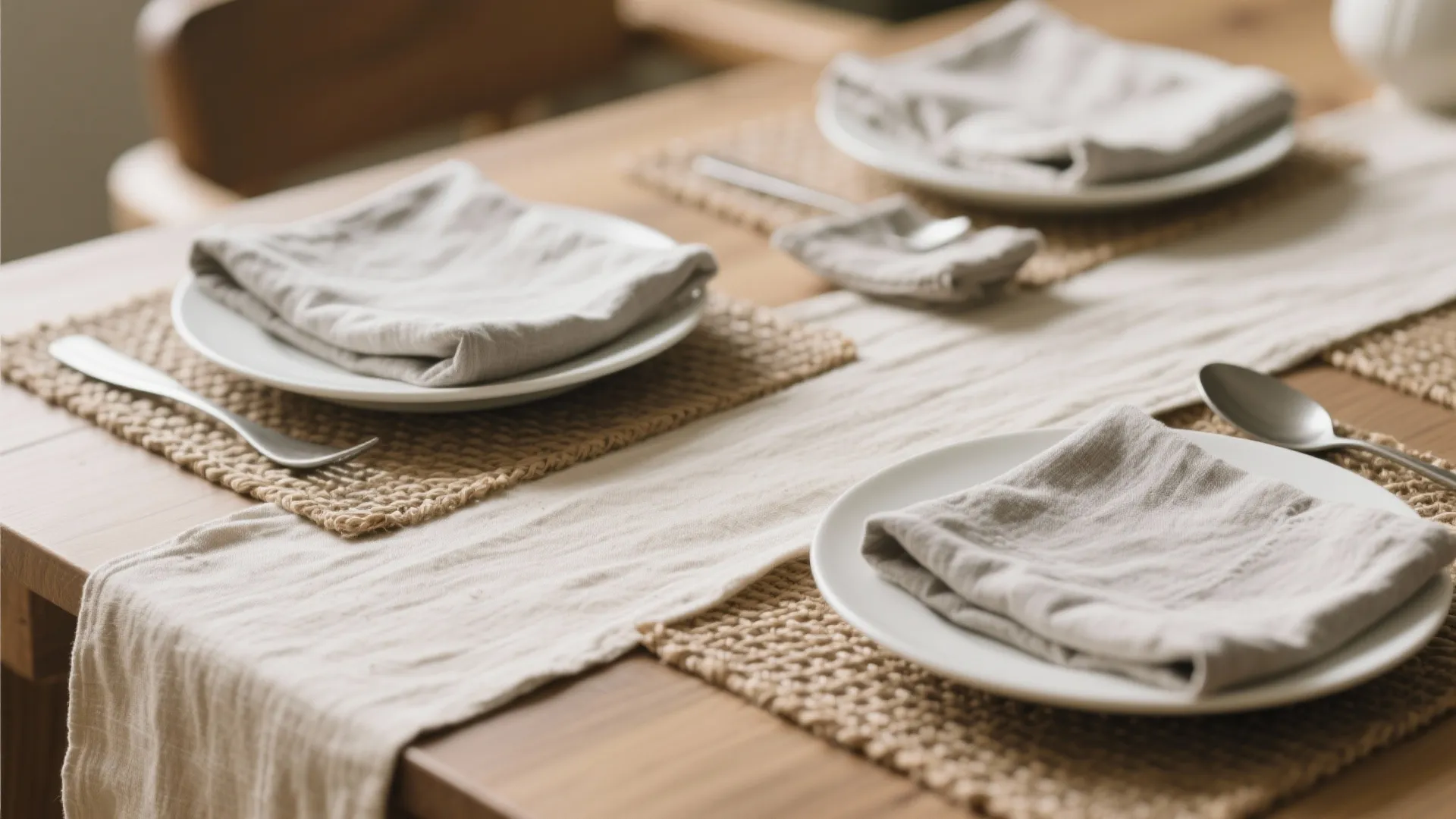 Warm beige and muted grey dining table setting