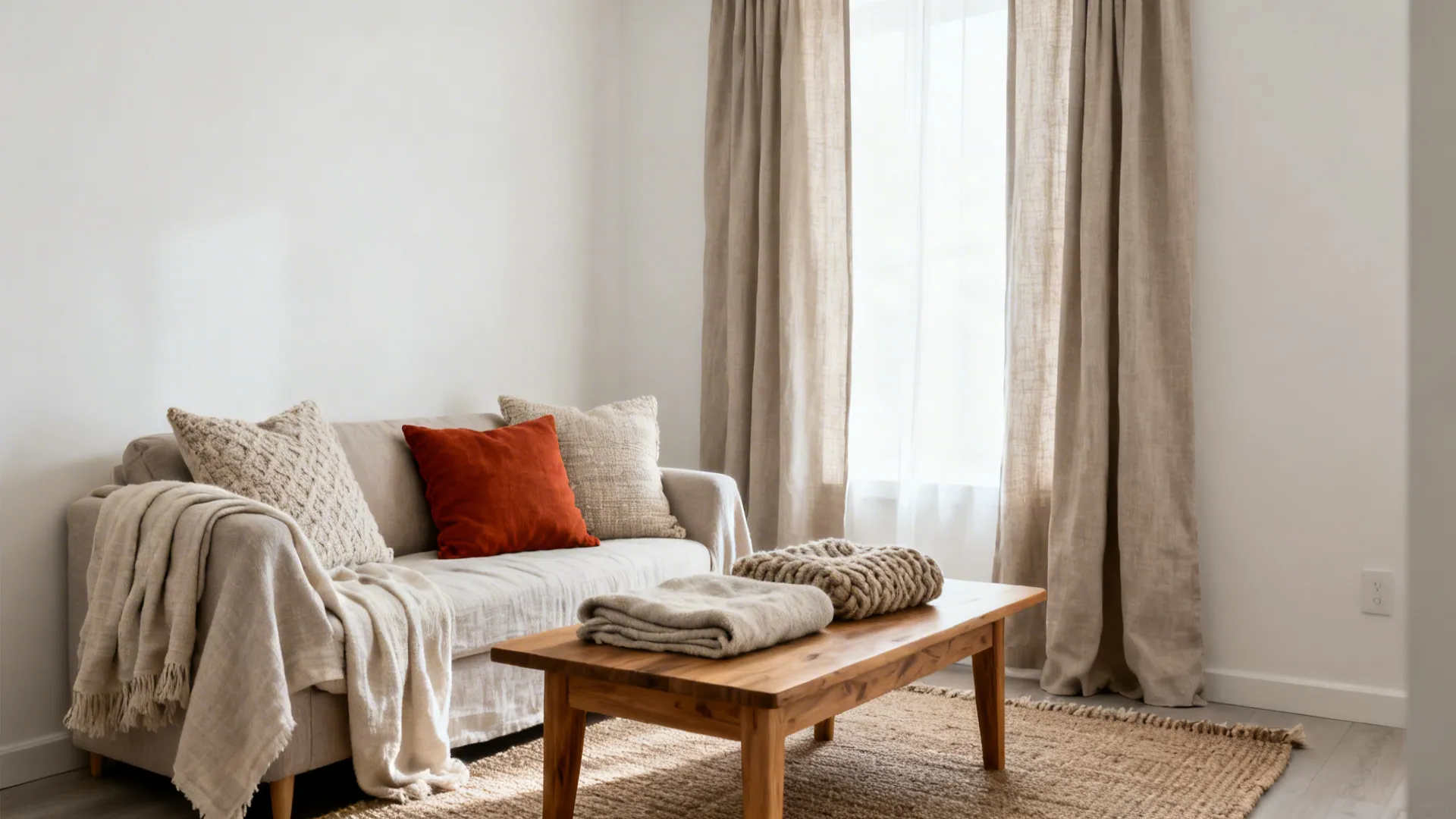 Cozy living room with beige sofa red pillow wooden coffee table natural curtains and rug