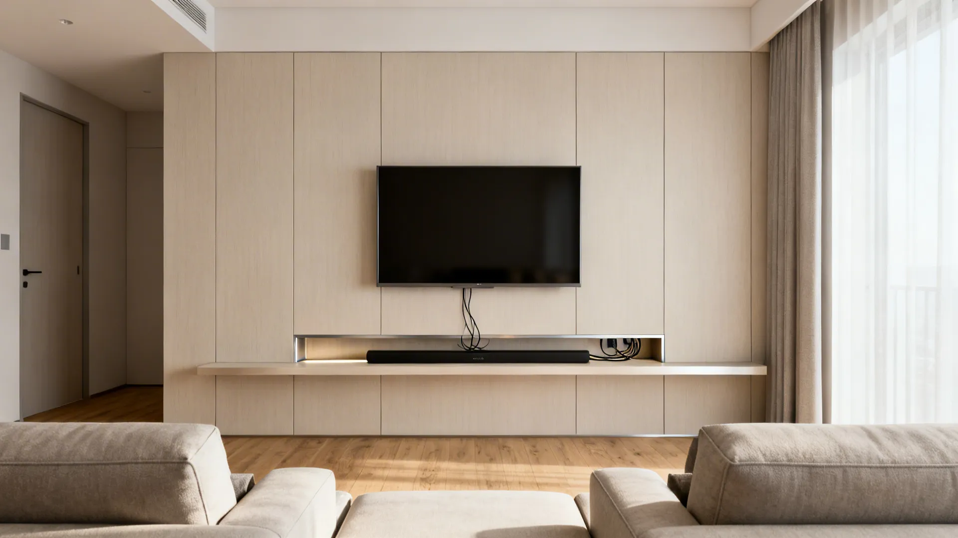 Minimal wall-mounted panel with floating media ledge and hidden cable channels.