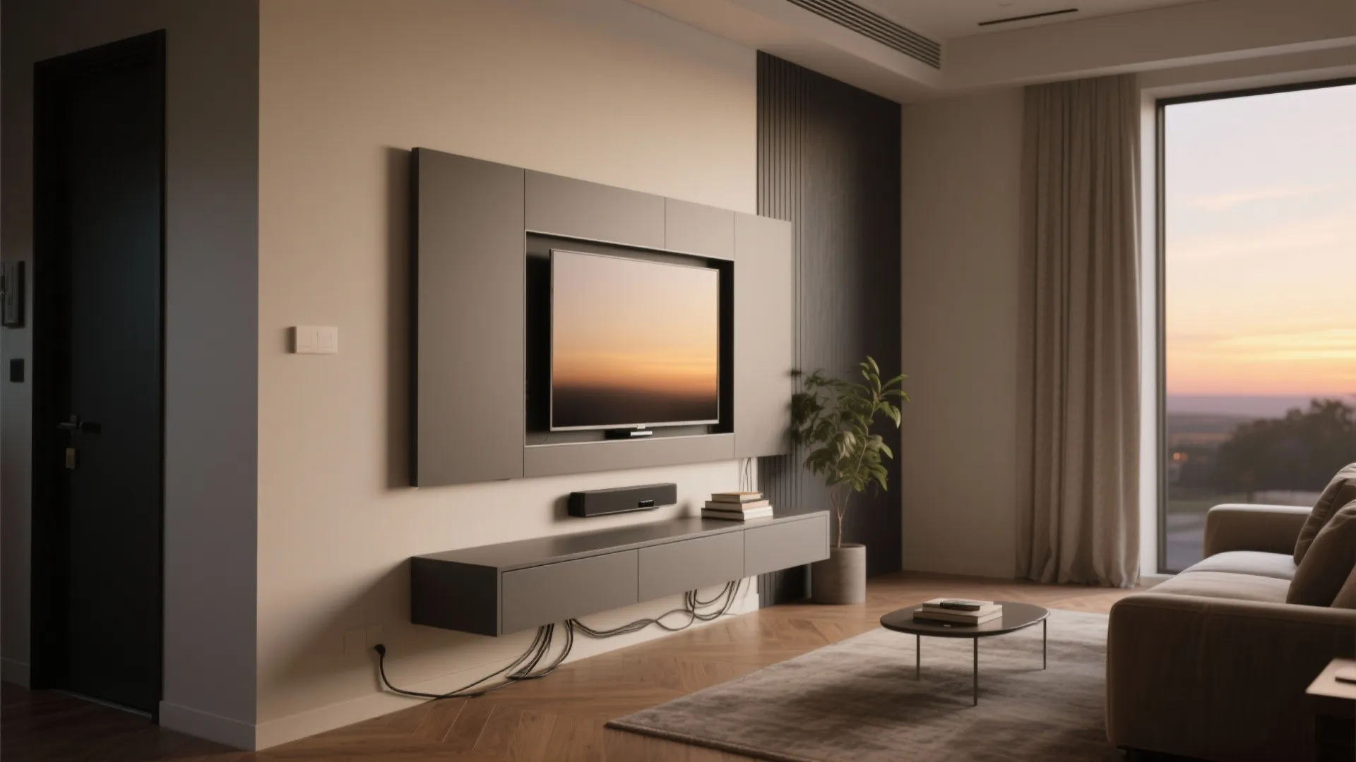 Minimal wall-mounted panel with hidden storage