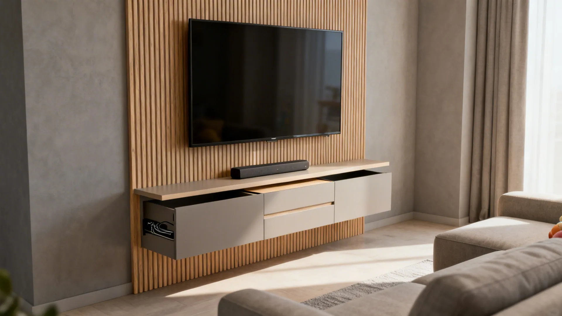 Minimalist TV wall with fluted wood panel, floating shelf, and hidden storage in a compact living room.