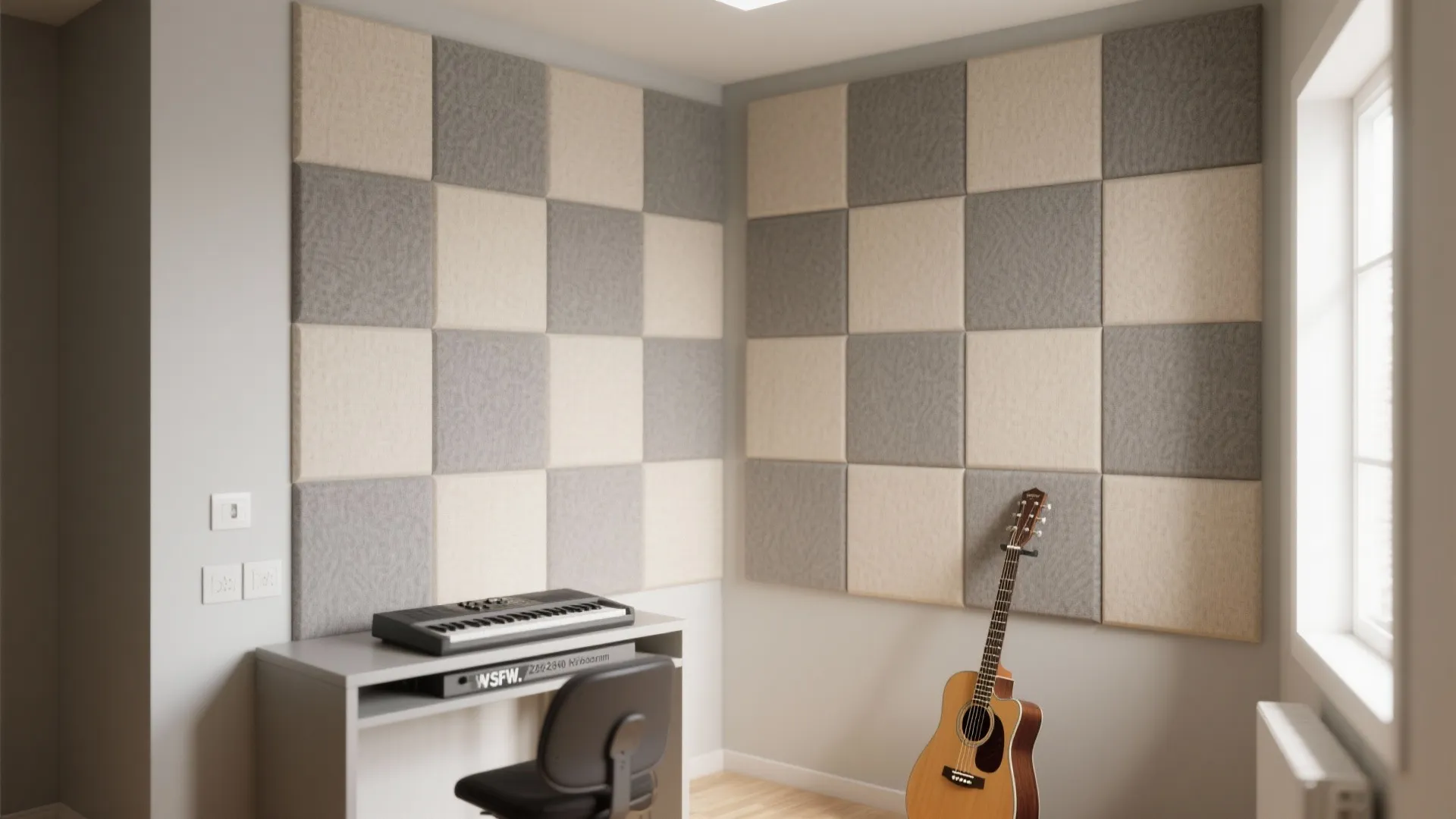 Music studio corner with grey and beige wall panels plus a keyboard and an acoustic guitar