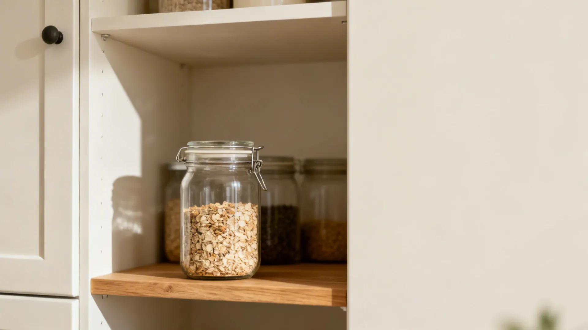 Minimalist pantry shelf with one hero airtight jar and soft-focus supporting jars on neutral cabinetry.