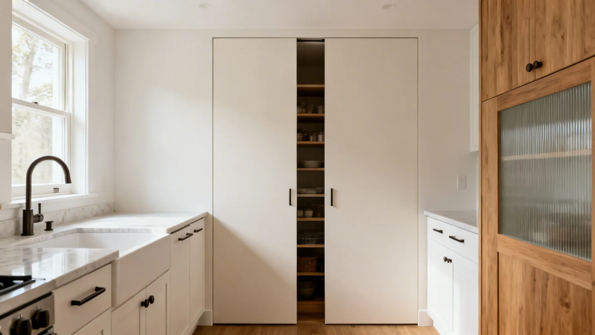 Modern kitchen with white sliding doors opening to reveal organized storage shelves and white cabinets