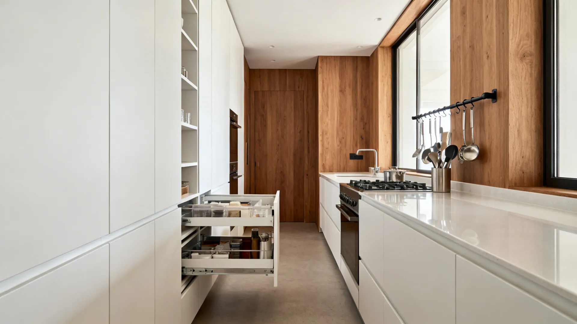 Minimalist galley kitchen with tall pantry pullouts and a cooktop rail system in soft daylight.