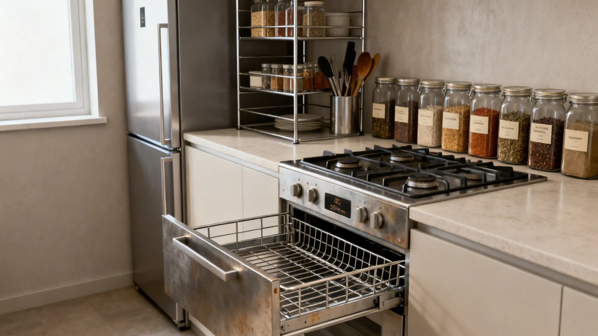 Open Drawer Steel Rack + Minimalist Pantry Rhythm