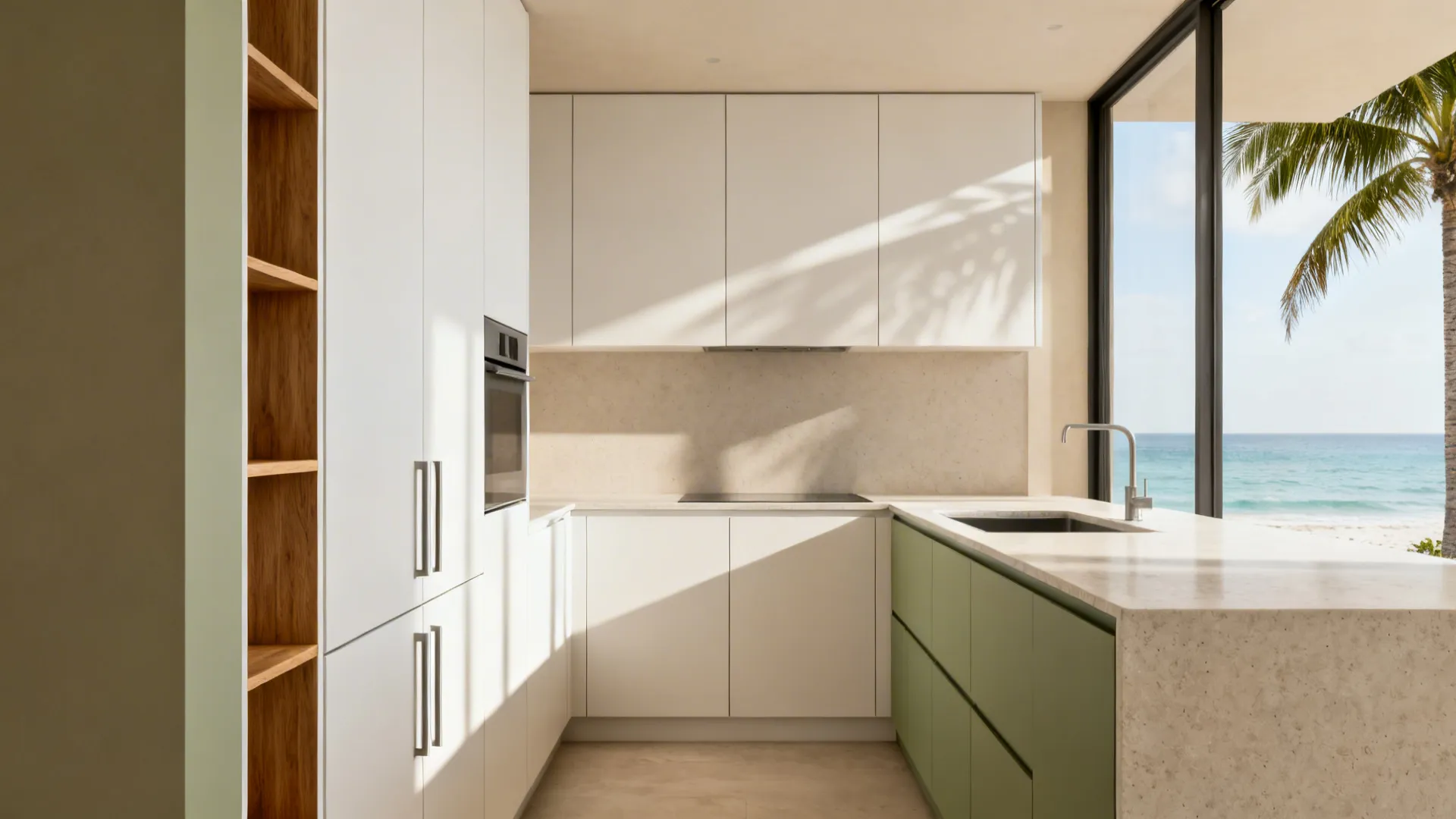 Minimalist condo kitchen with tall pantry towers and slim open oak shelves in soft coastal light.