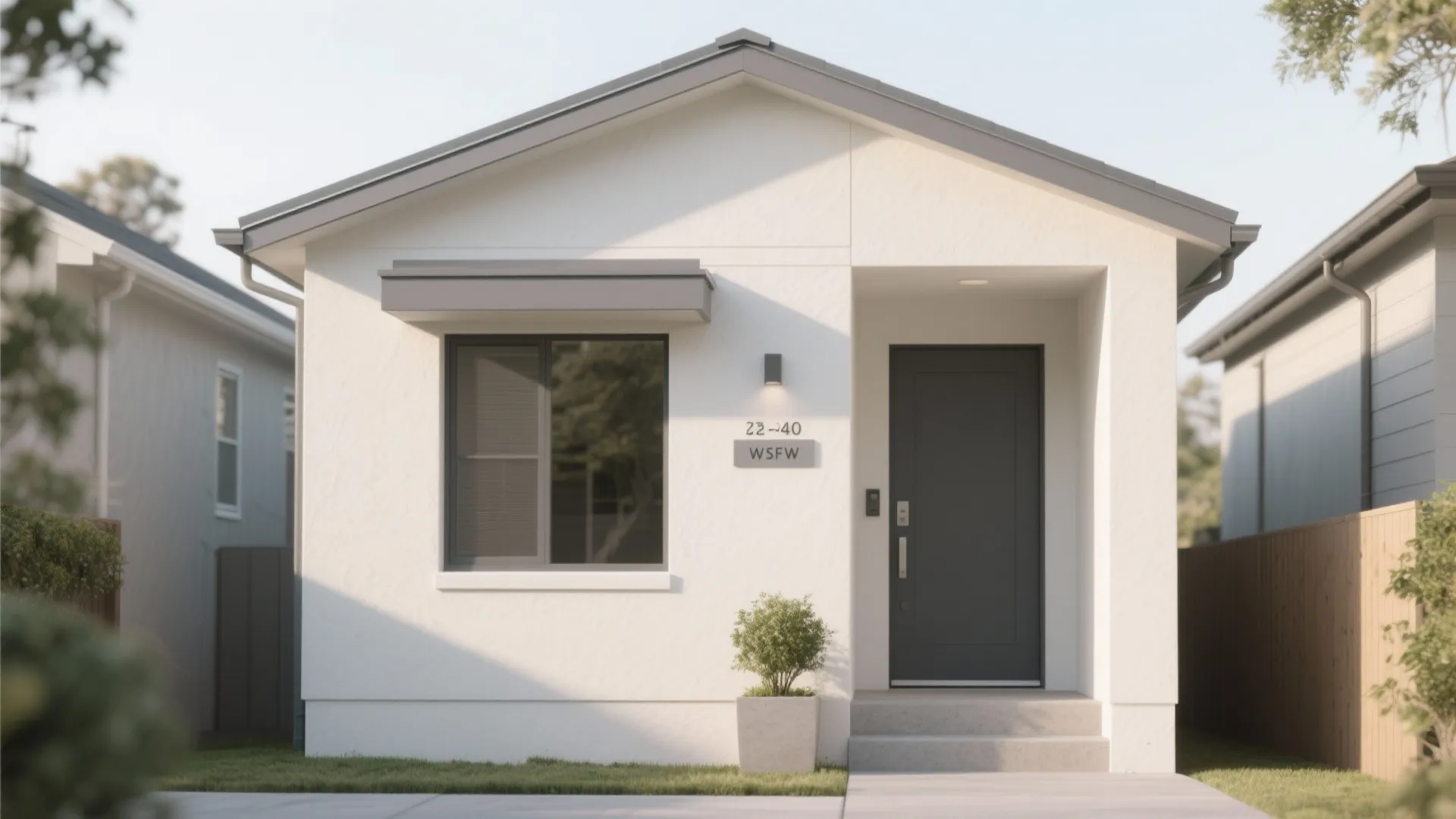Modern white small house exterior with grey front door grey roof and single large window
