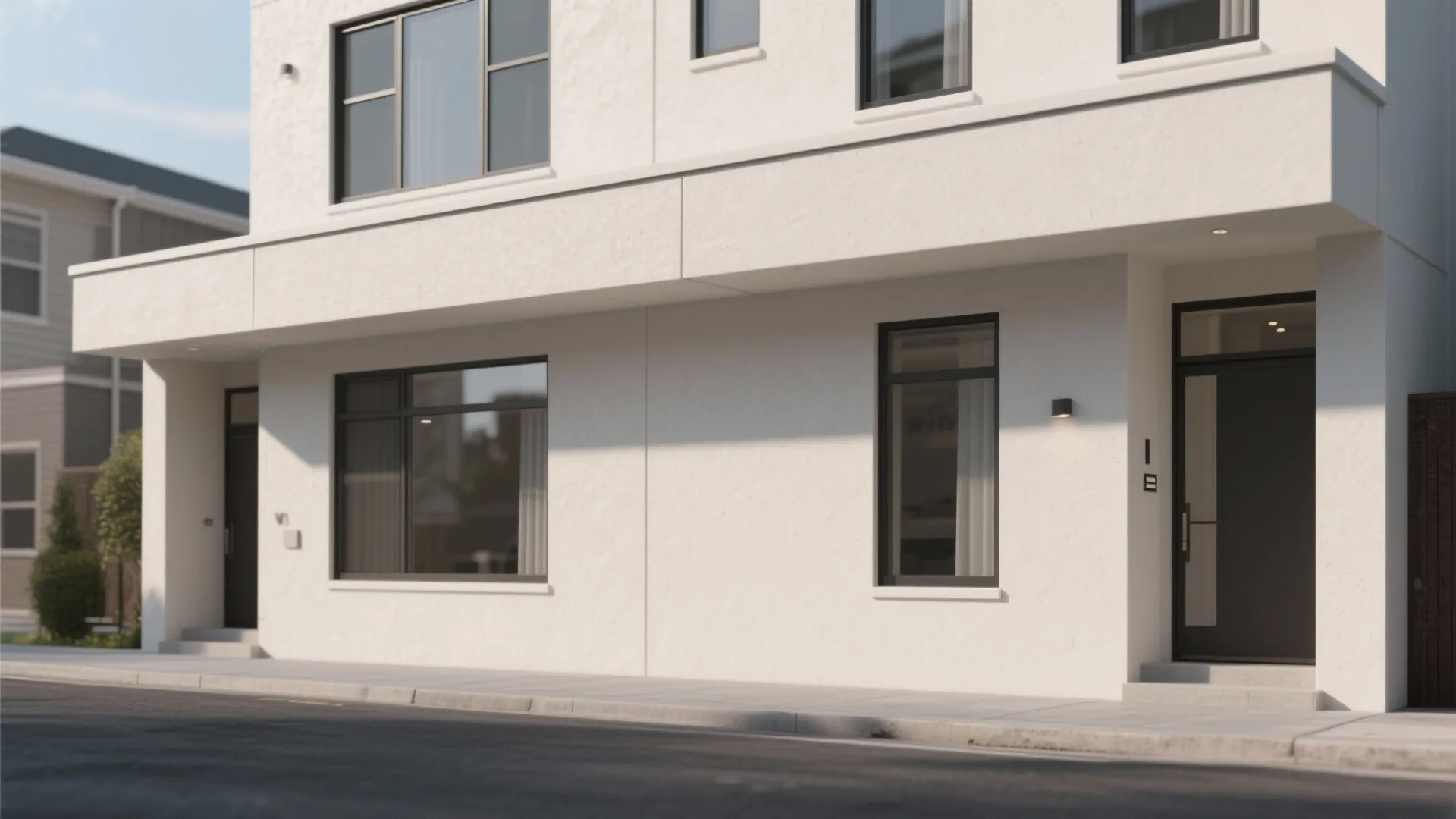Modern white building exterior with black windows and a simple clean flat roof edge design