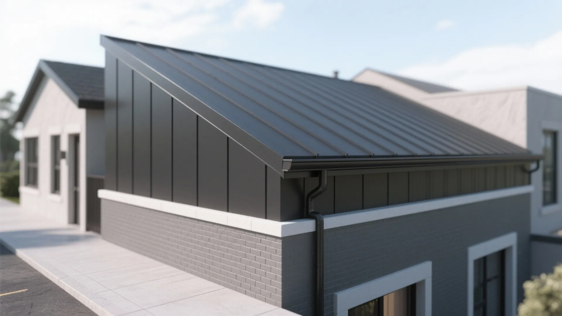 Modern gray house featuring black metal roof with matching side panels and white trim around windows
