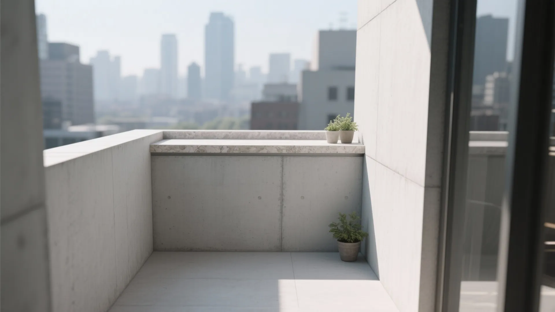 Modern balcony with white concrete walls stone ledge potted plants and a blurry city skyline view