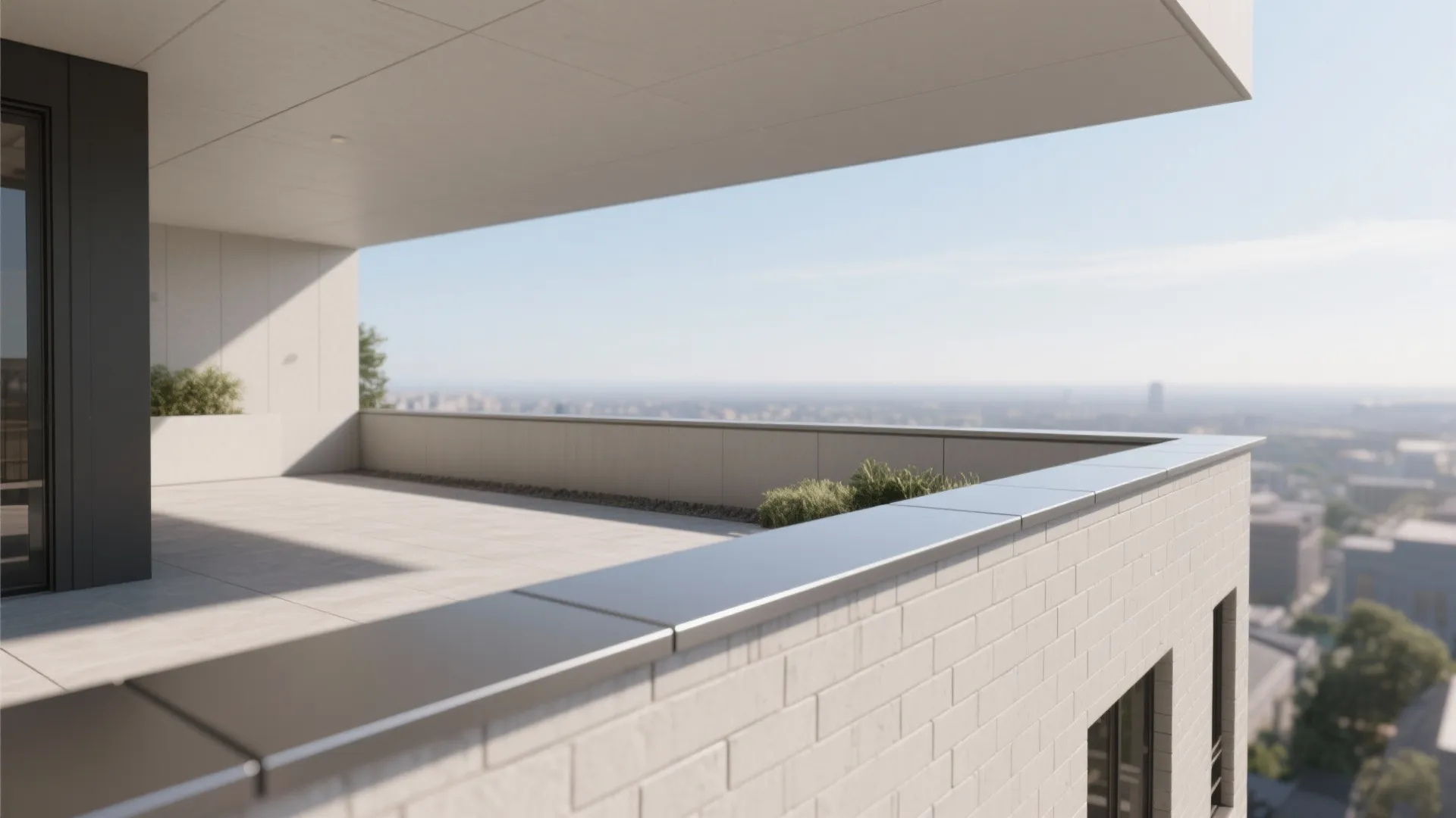 Minimalist flush-coped parapet with slim profile and concealed drip on a micro rooftop.