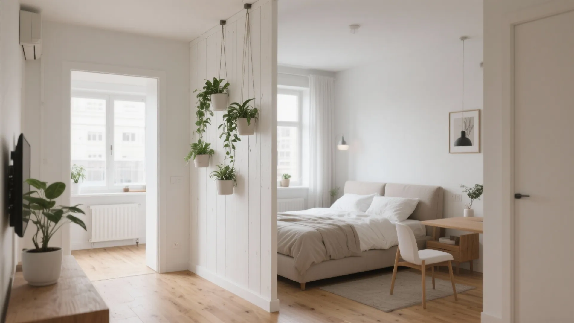 Small living space with minimalist white wooden partition between bed and sofa