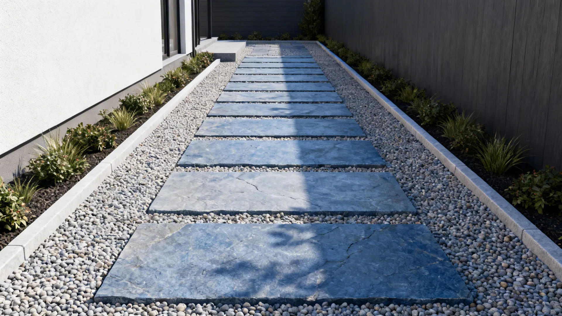 Bluestone pavers set in pea gravel forming a minimalist narrow pathway