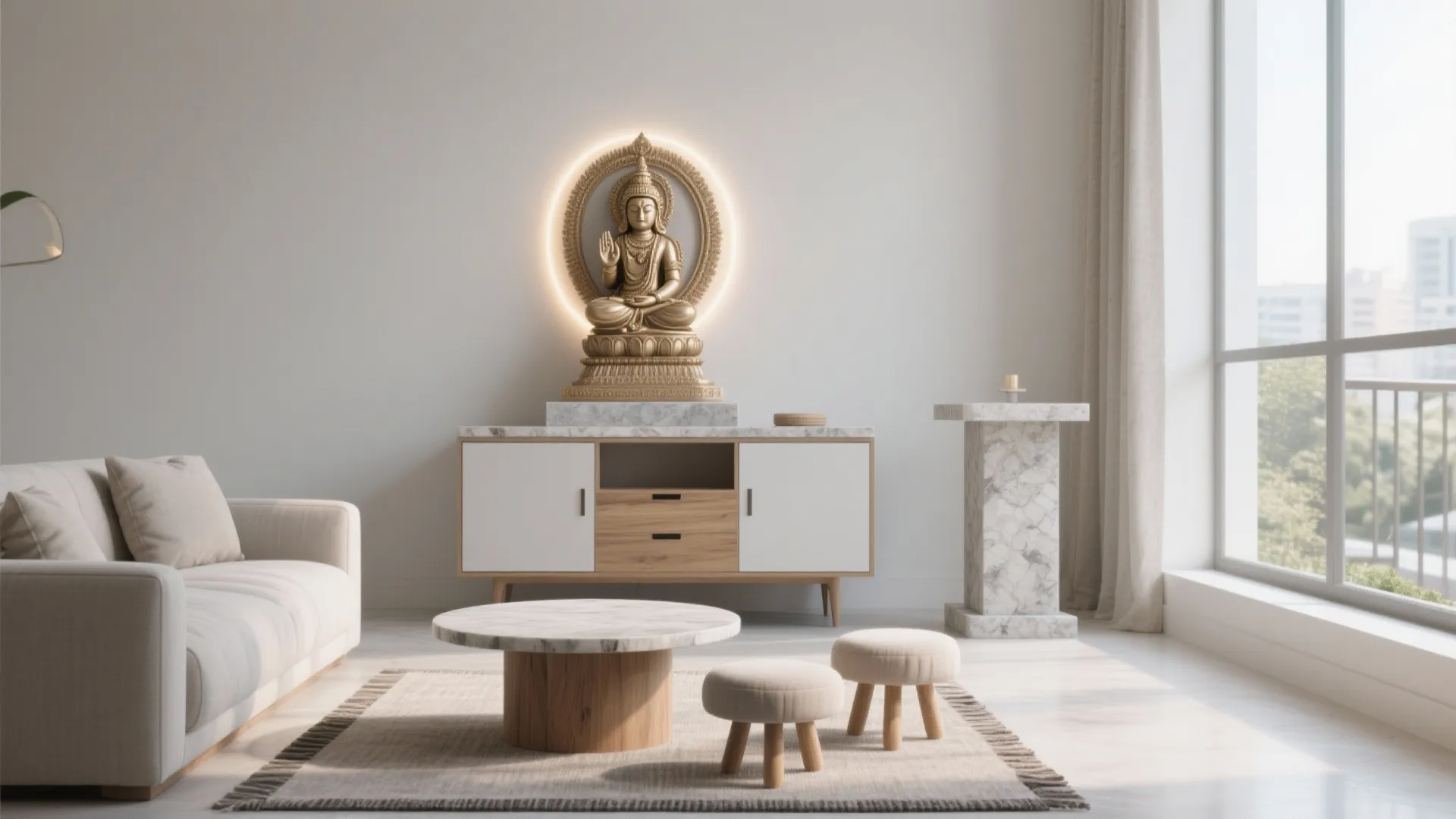 Minimalist Pedestal Mandir with Mobile Seating
