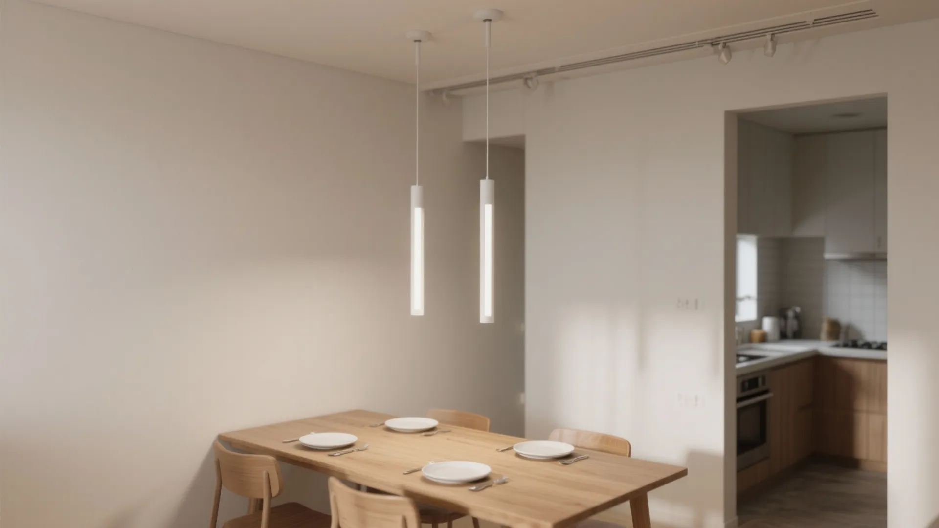 Slim matte white pendant cluster over an oak dining table in a small minimalist dining corner.