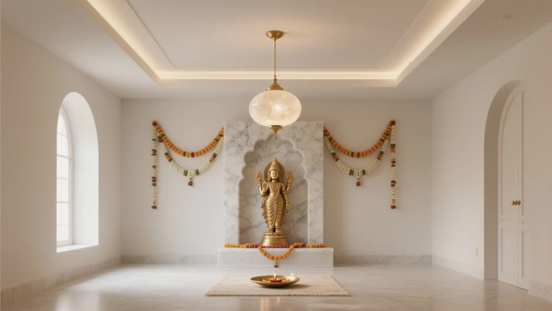 White prayer room with marble altar gold statue hanging ceiling light and flower garlands on walls