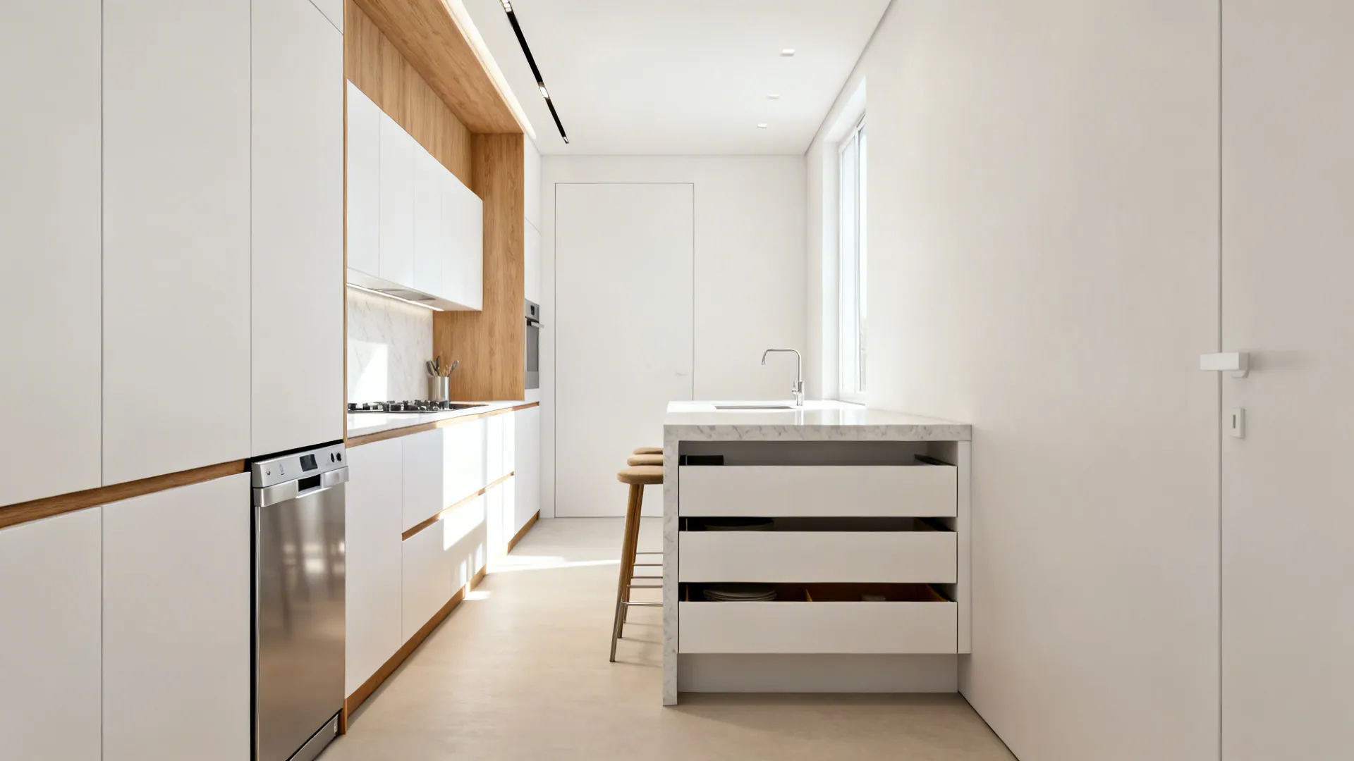 Modern white kitchen with wooden cabinets white island open drawers stainless steel dishwasher and natural light