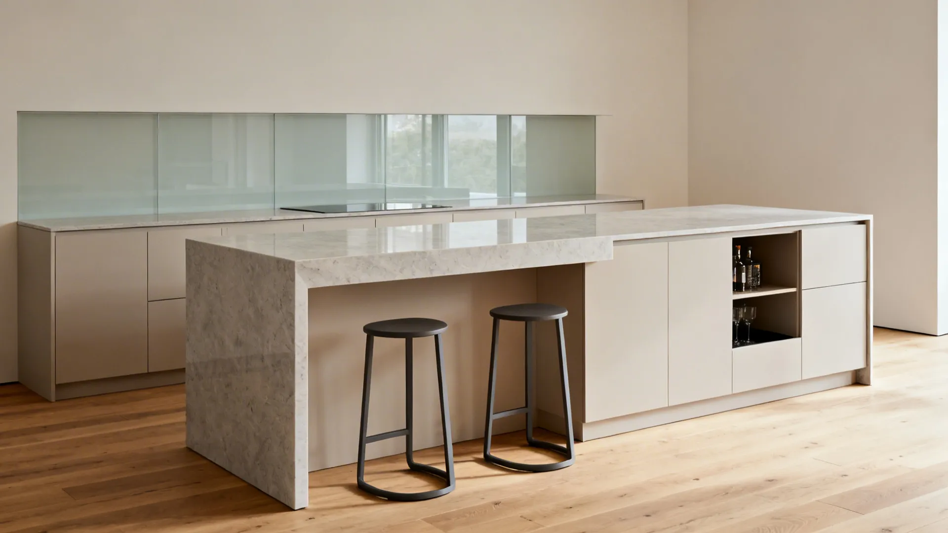 Minimalist kitchen peninsula with a waterfall quartz edge and two tucked backless stools.