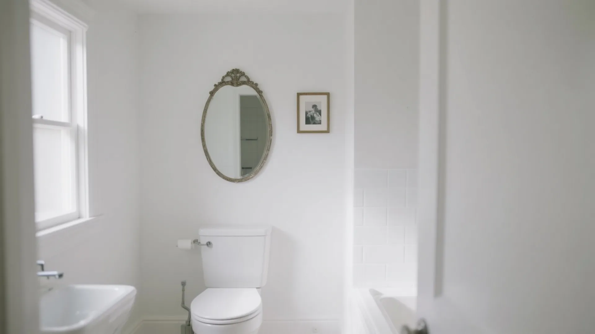 Minimalist white bathroom layout featuring a toilet oval mirror small picture and sink near window