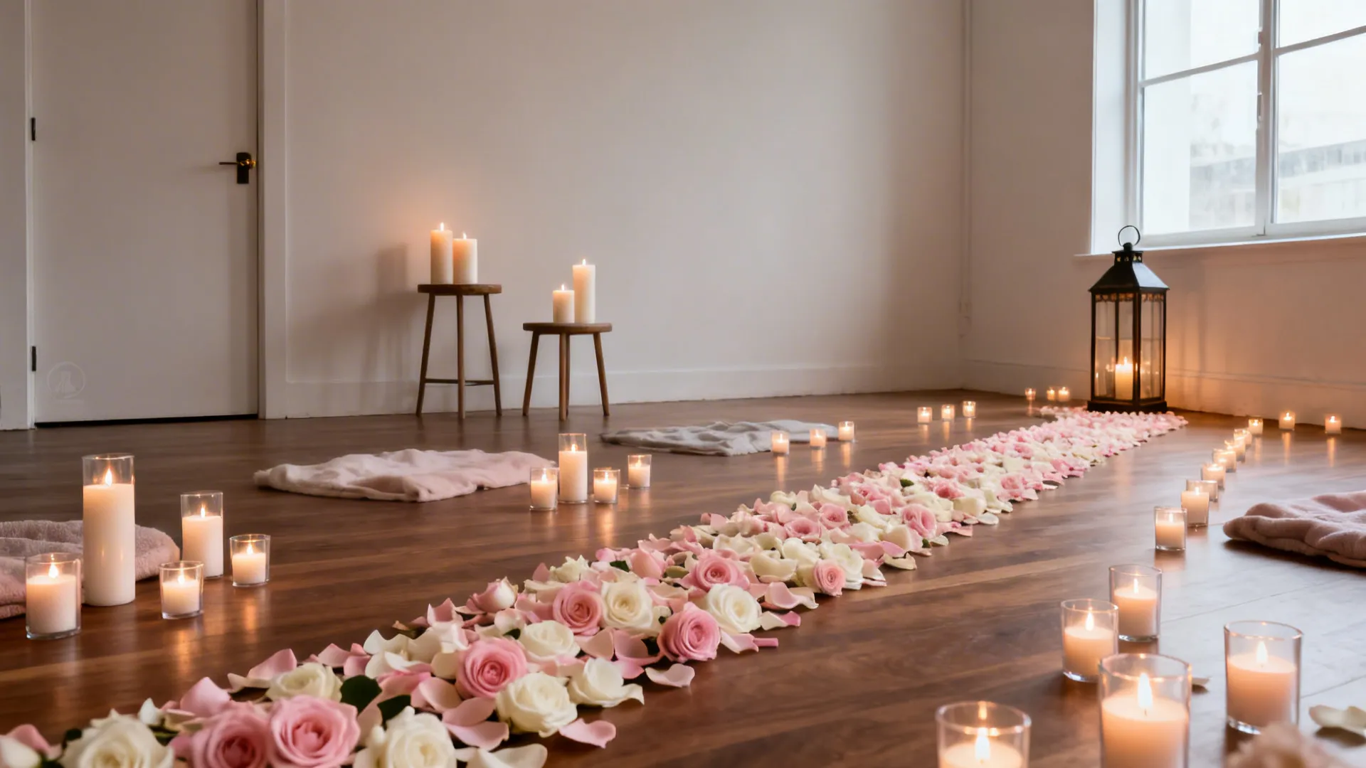 Minimalist studio with a clean rose petal path and layered candle heights for depth.