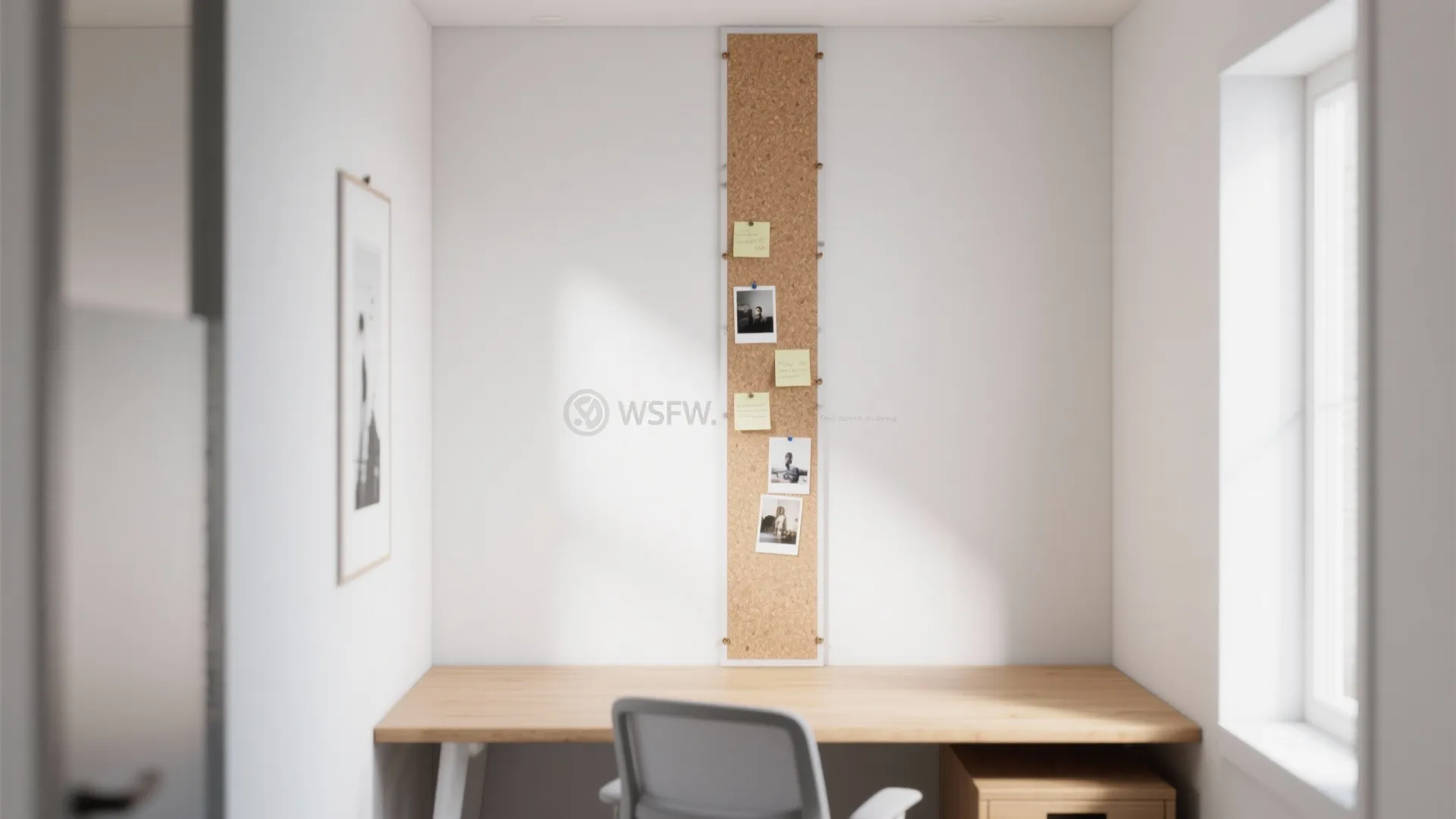 Vertical narrow cork strip on white wall behind wooden desk with notes and small photos